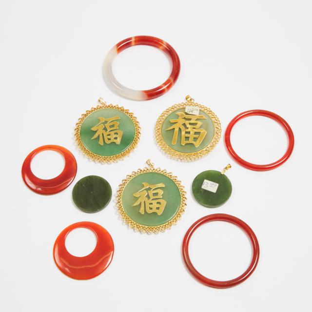 A Group of Nine Spinach Jade, Carnelian, and Hardstone Jewellery Pieces, Mid 20th Century