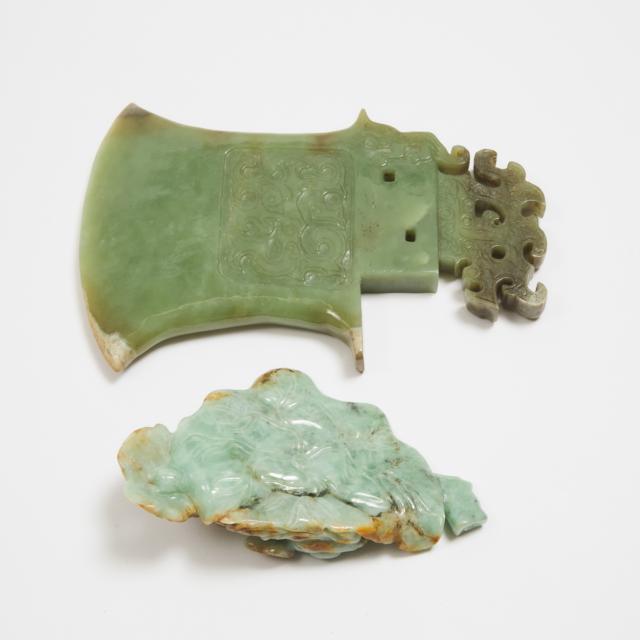 A Jadeite Archaic-Style Axe, Together With a 'Boys and Lotus' Group, 20th Century