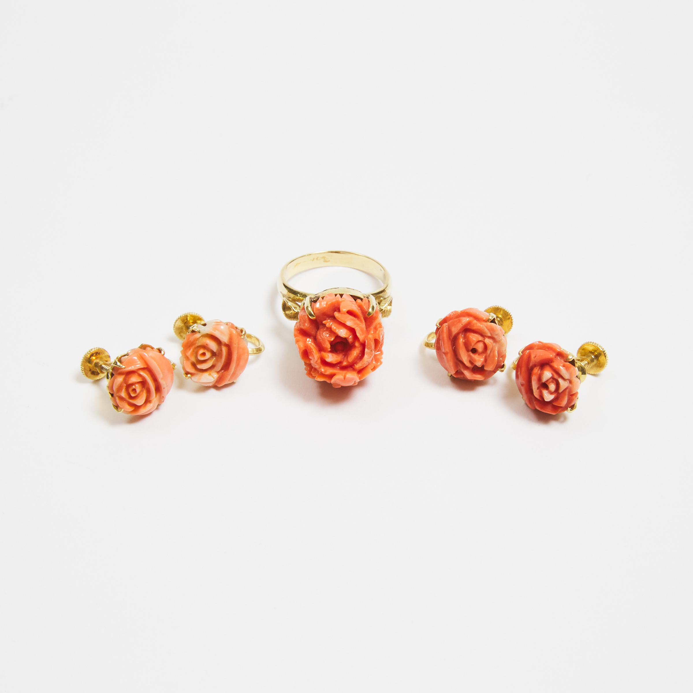 Two Pairs of Taiwanese Momo Coral Earrings and Ring With 14k Gold Mounting, Mid 20th Century