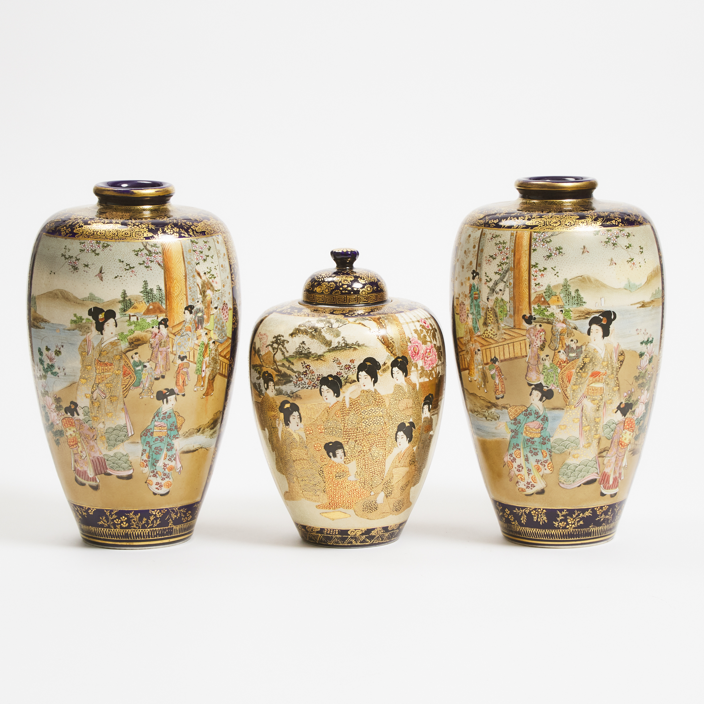 A Group of Three Large Satsuma Blue Ground 'Figural' Vases, Meiji-Showa Period (1868-1989)
