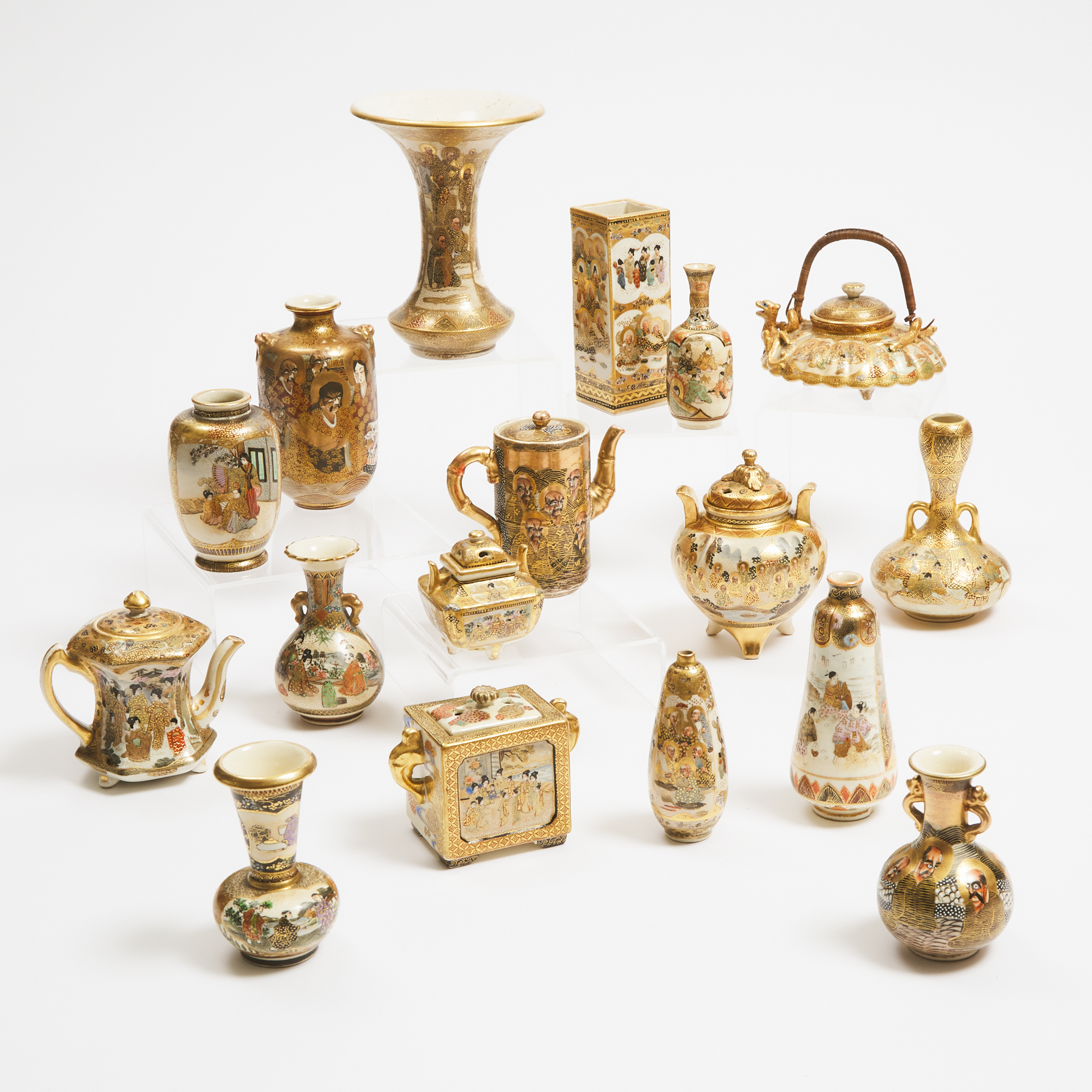 A Group of Seventeen Miniature Satsuma Vases, Teapots, and Censers, Meiji/Taisho Period (1868-1926)