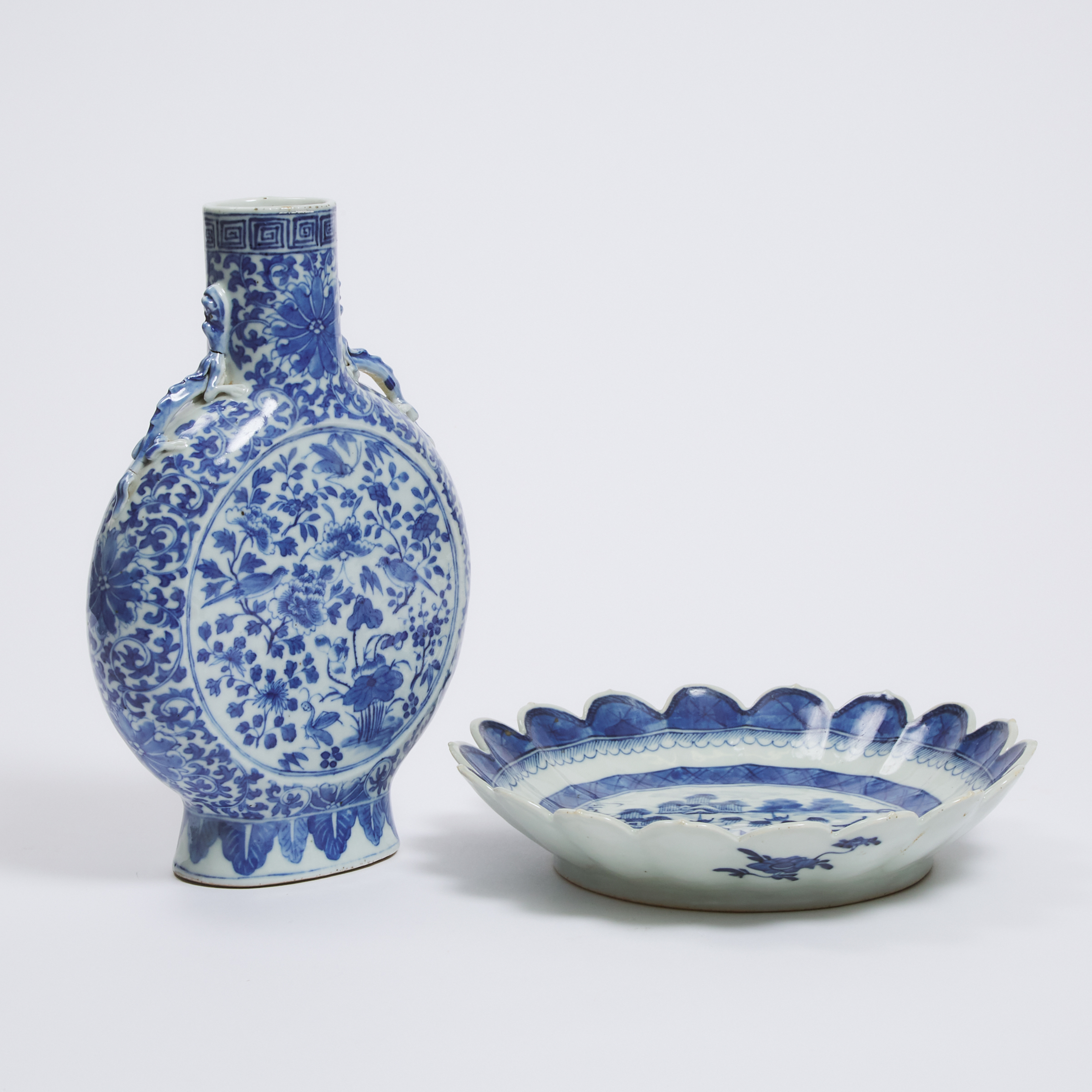 A Blue and White Moonflask, Together With a Lobed Dish, Qianlong Period, 18th Century 