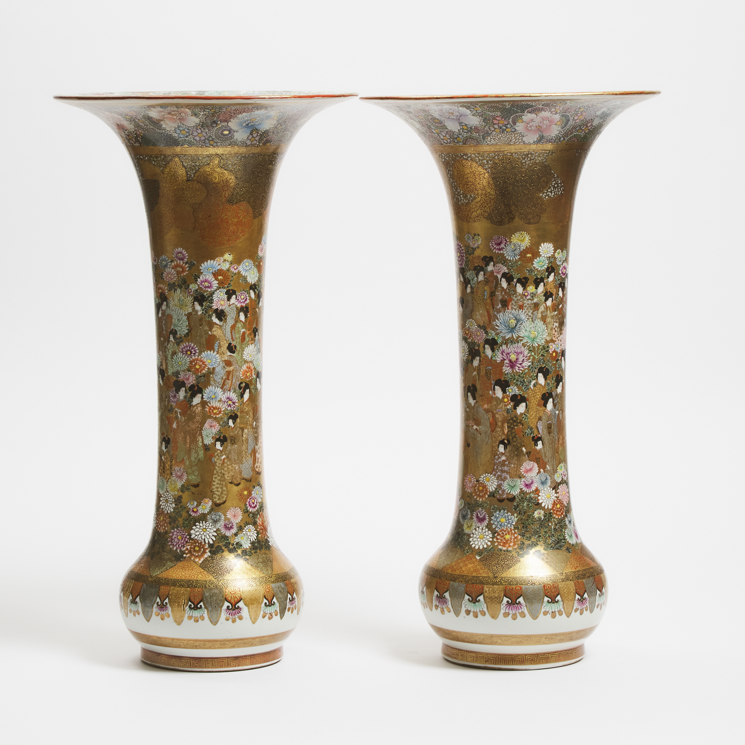 A Pair of Large Satsuma Trumpet Vases, Meiji Period (1868-1912)