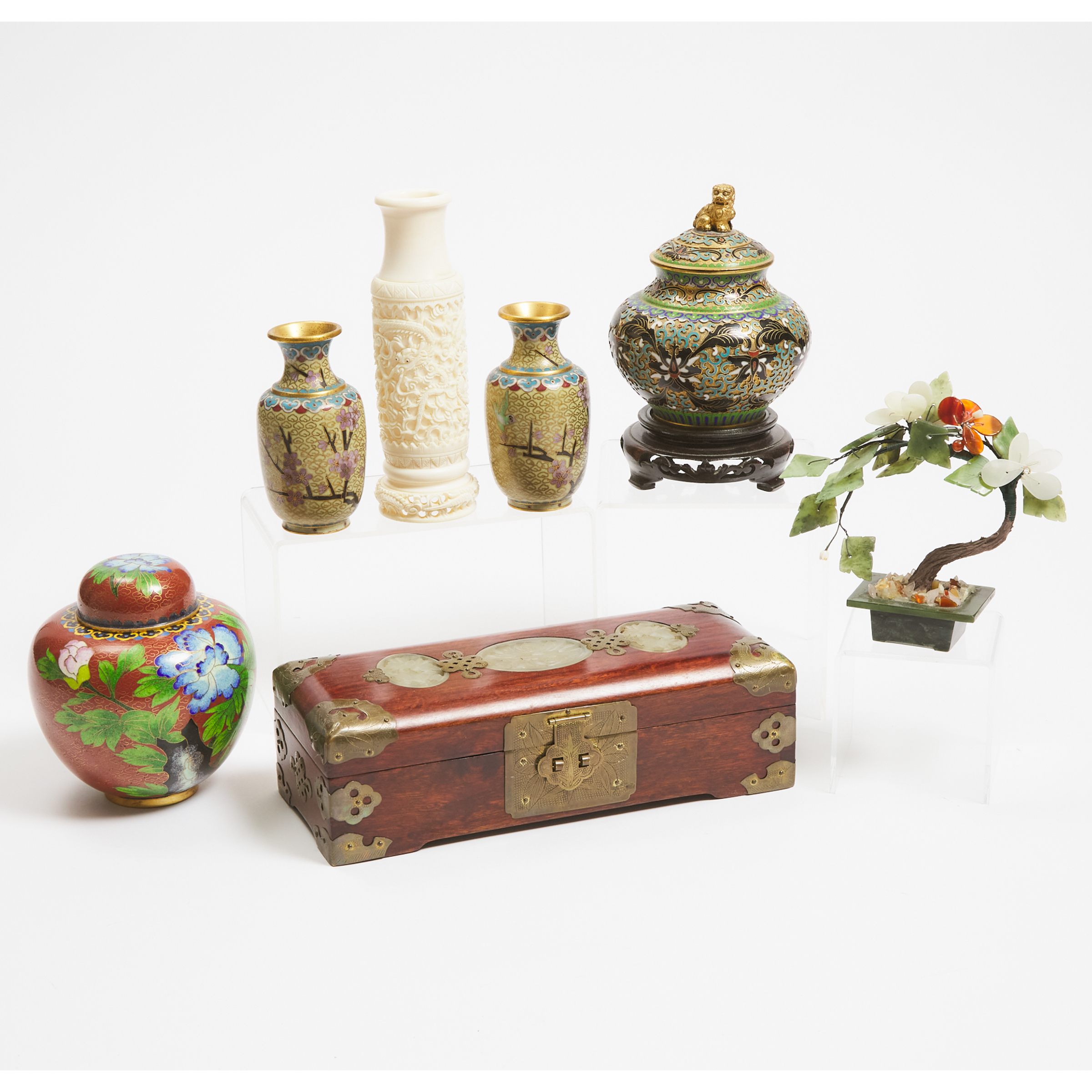 A Group of Seven Chinese Cloisonné, Ivory, Hardstone, and Wood Objects, Early to Mid 20th Century