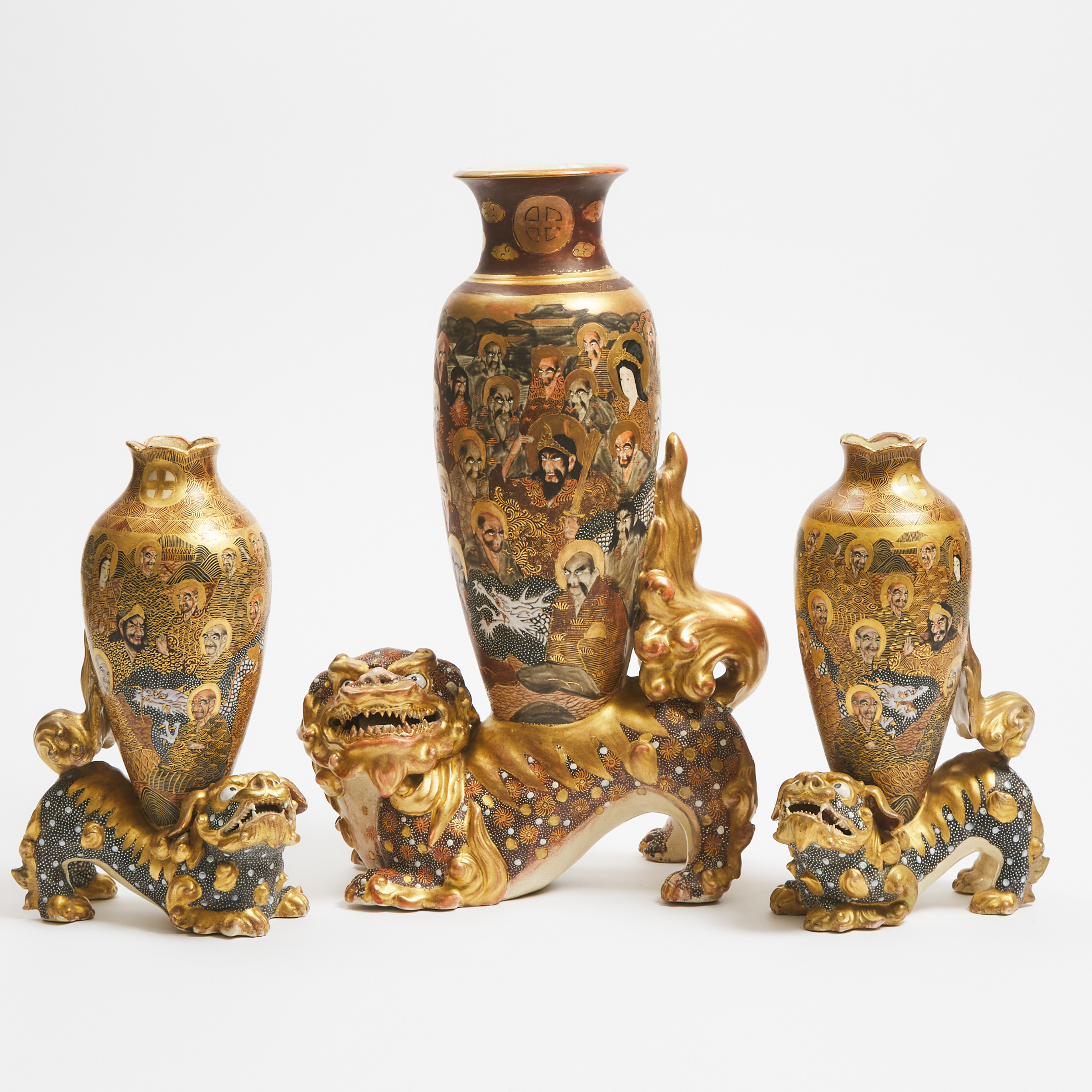 A Group of Three Large Satsuma 'Shishi' Vases, Meiji Period (1868-1912)