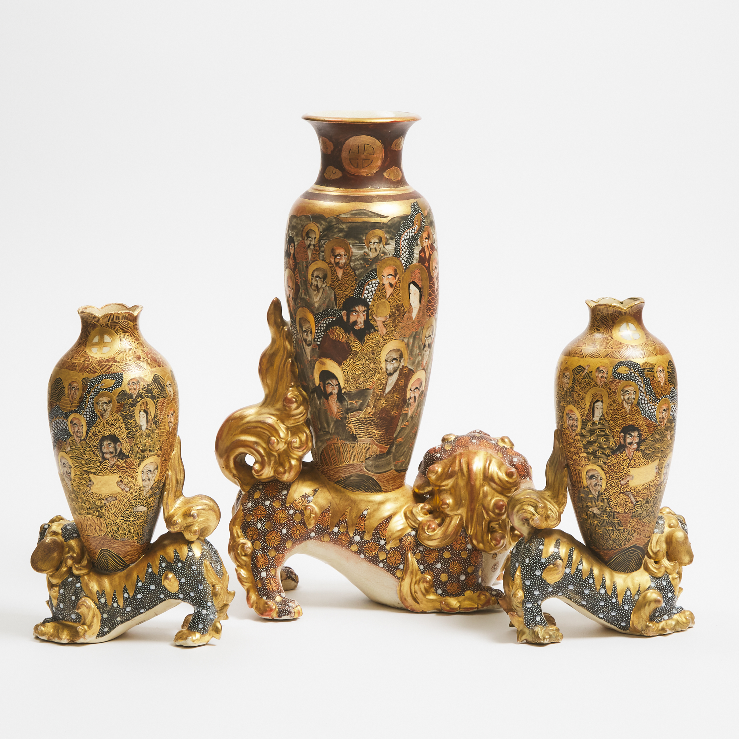 A Group of Three Large Satsuma 'Shishi' Vases, Meiji Period (1868-1912)