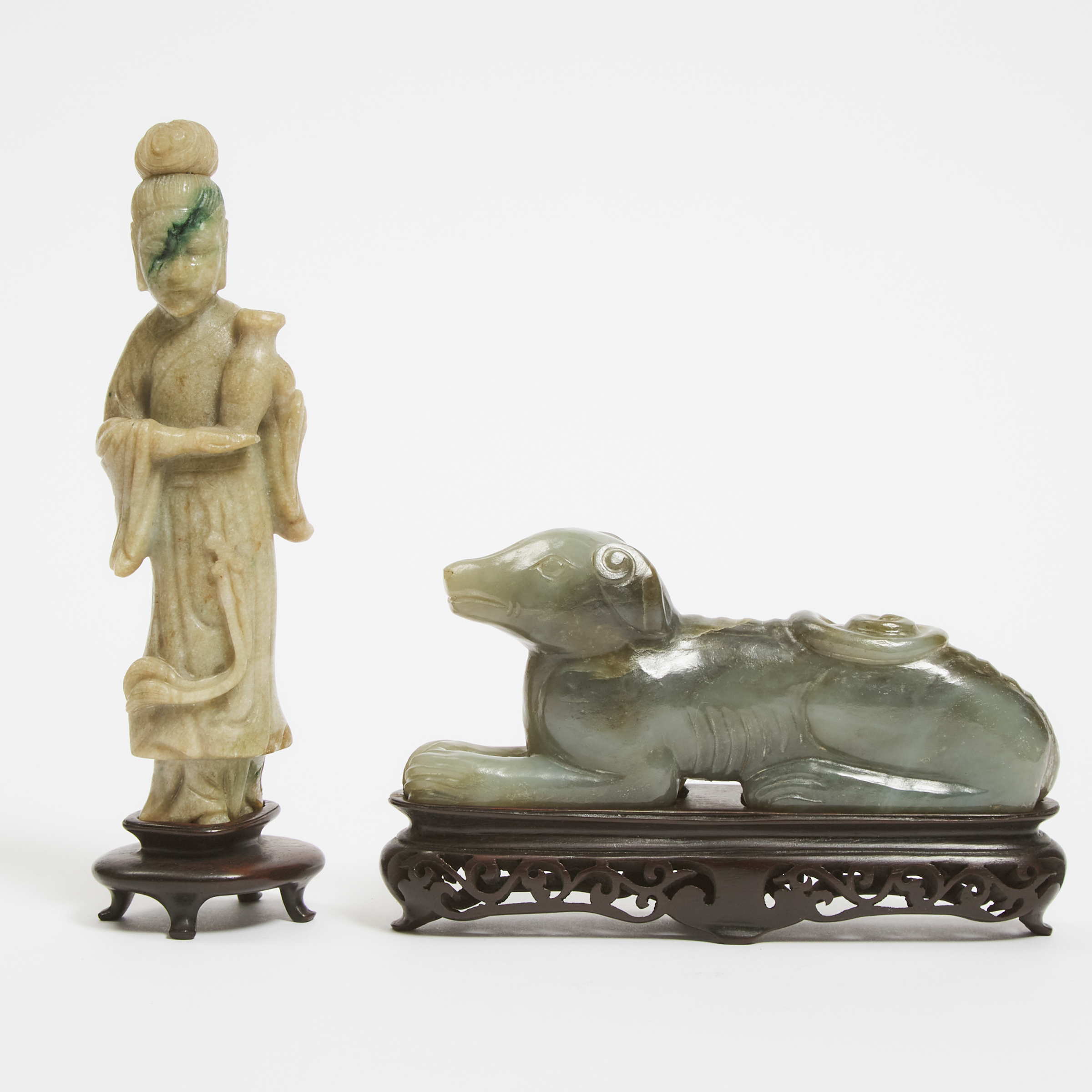 A Jadeite Figure of a Lady, Together With a Jade Dog, Early 20th Century