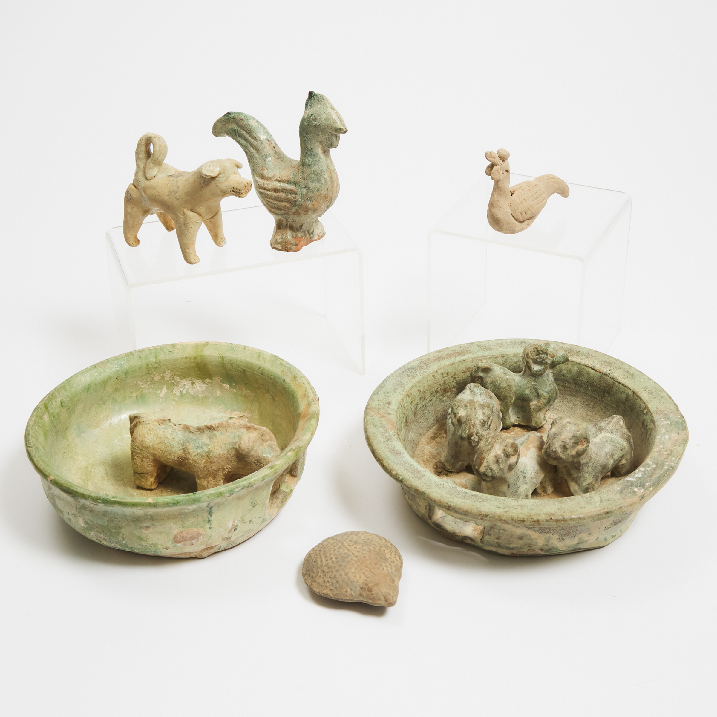 A Group of Six Green-Glazed Pottery Animal Pens and Animals, Han Dynasty (206 BC-220 AD)