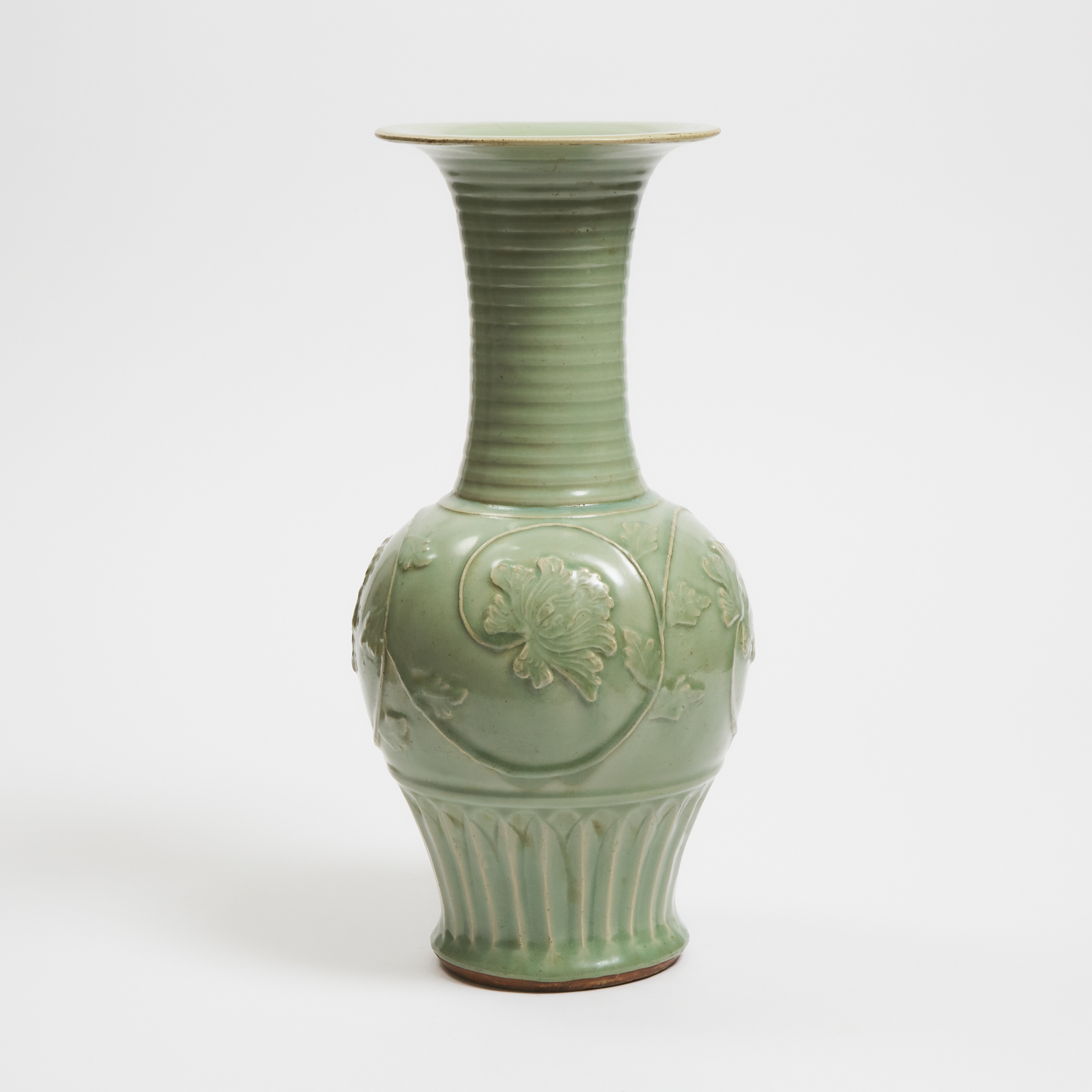 A Large Carved and Moulded Longquan Celadon 'Phoenix-Tail' Temple Vase, Yuan Dynasty, 14th Century