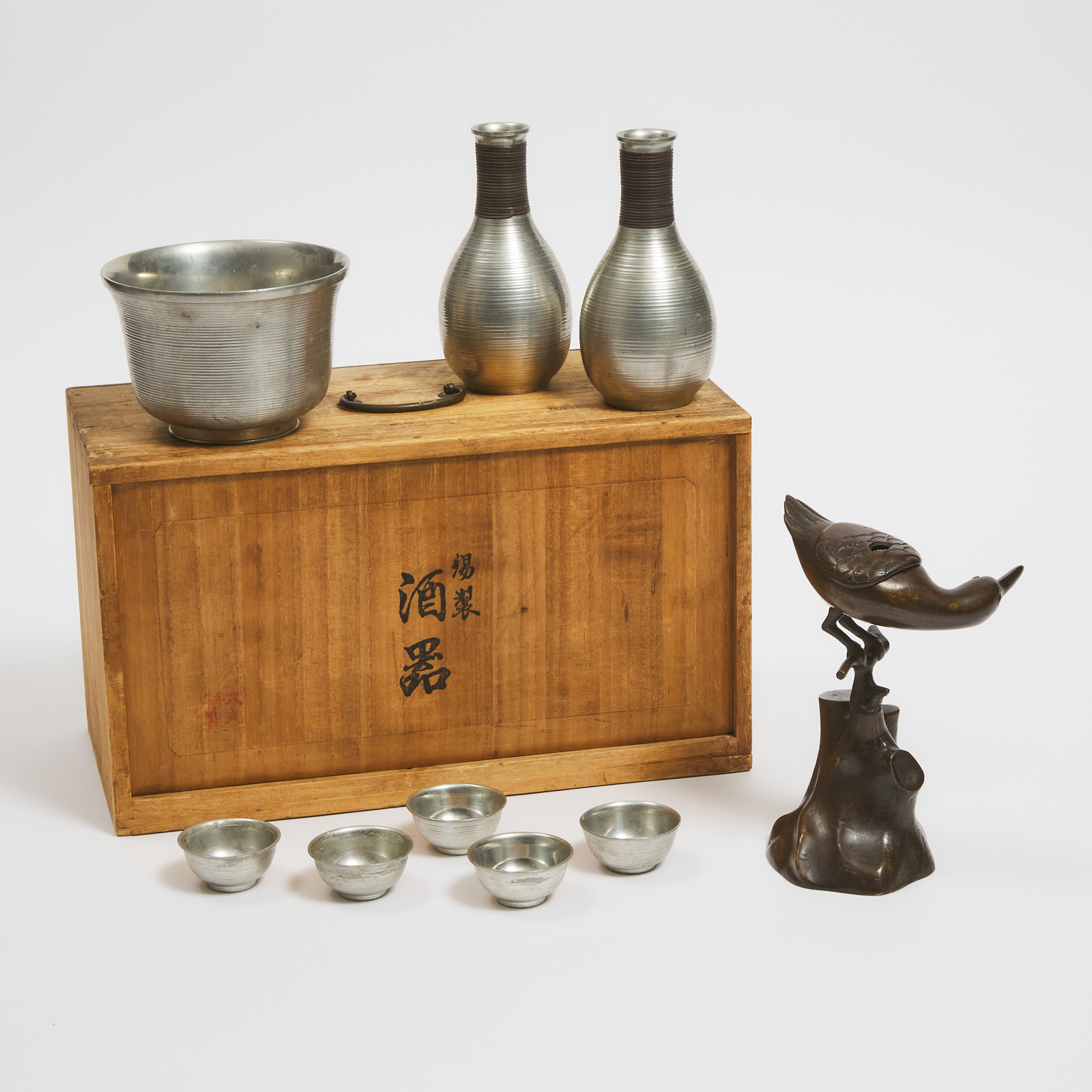 A Set of Eight Tin Sake Wares and Box, Together With a Bronze 'Bird' Censer, Mid 20th Century