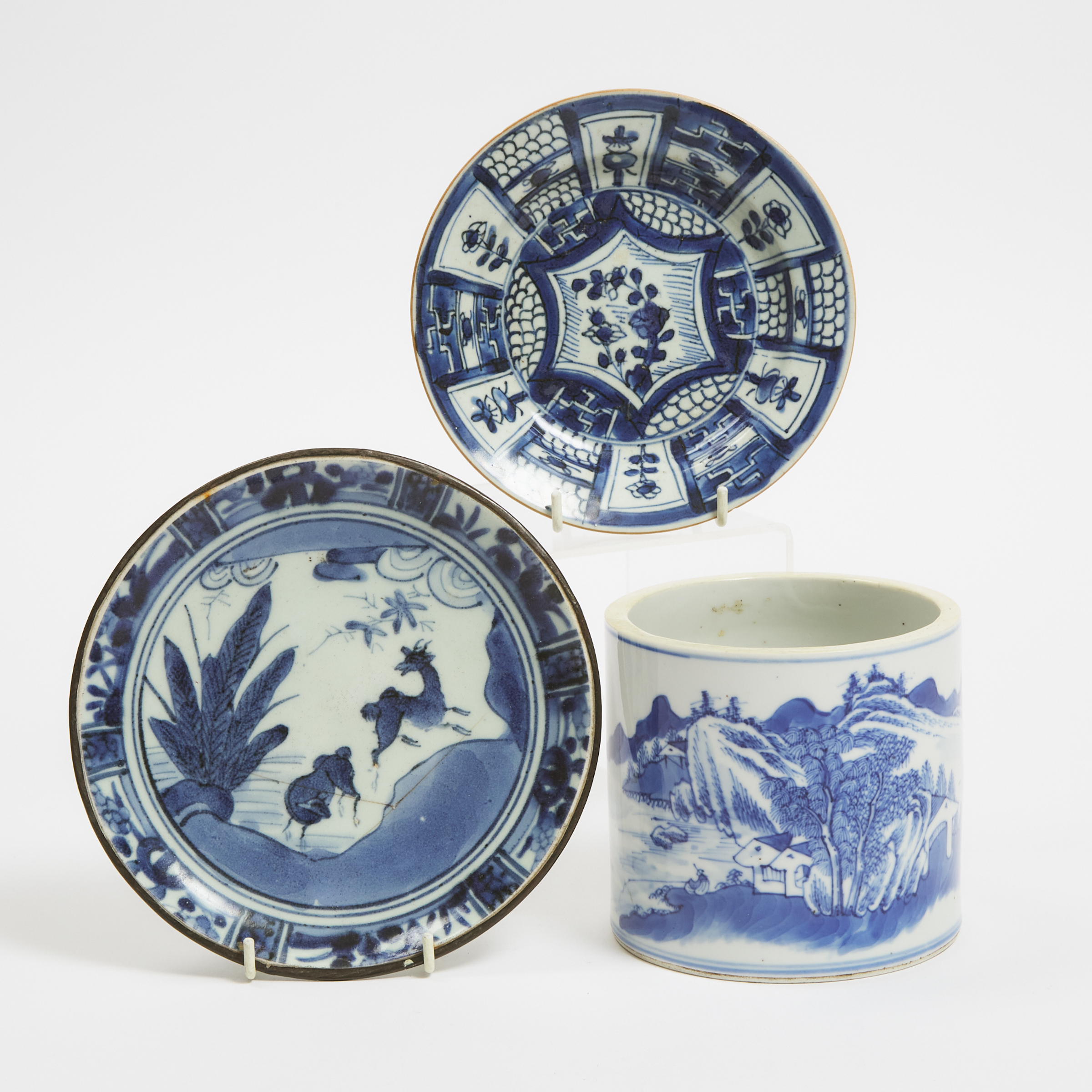 A Group of Three Blue and White Porcelain Wares, 17th Century and Later
