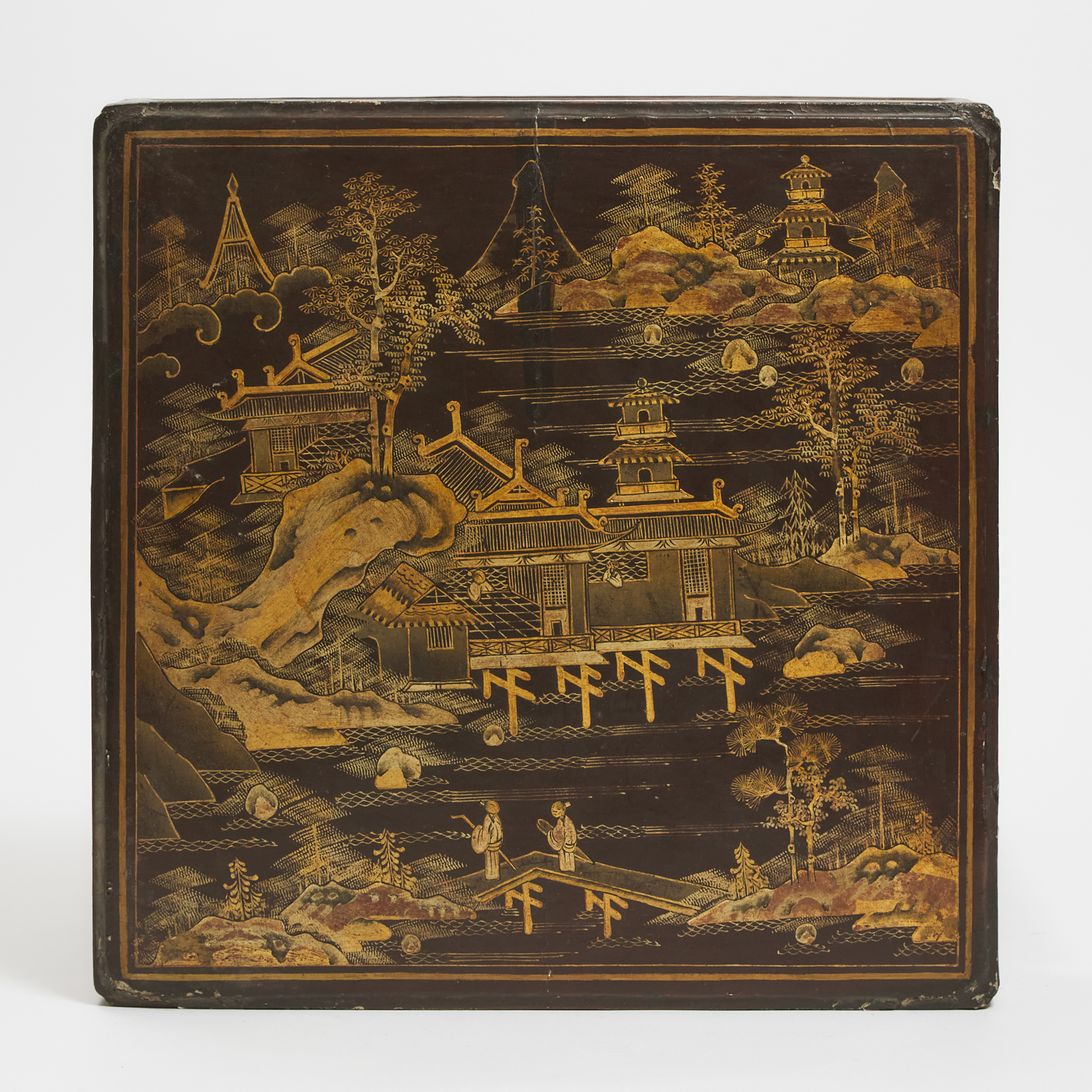 A Chinese Gilt Lacquer Square Box and Cover, Qing Dynasty, 19th Century