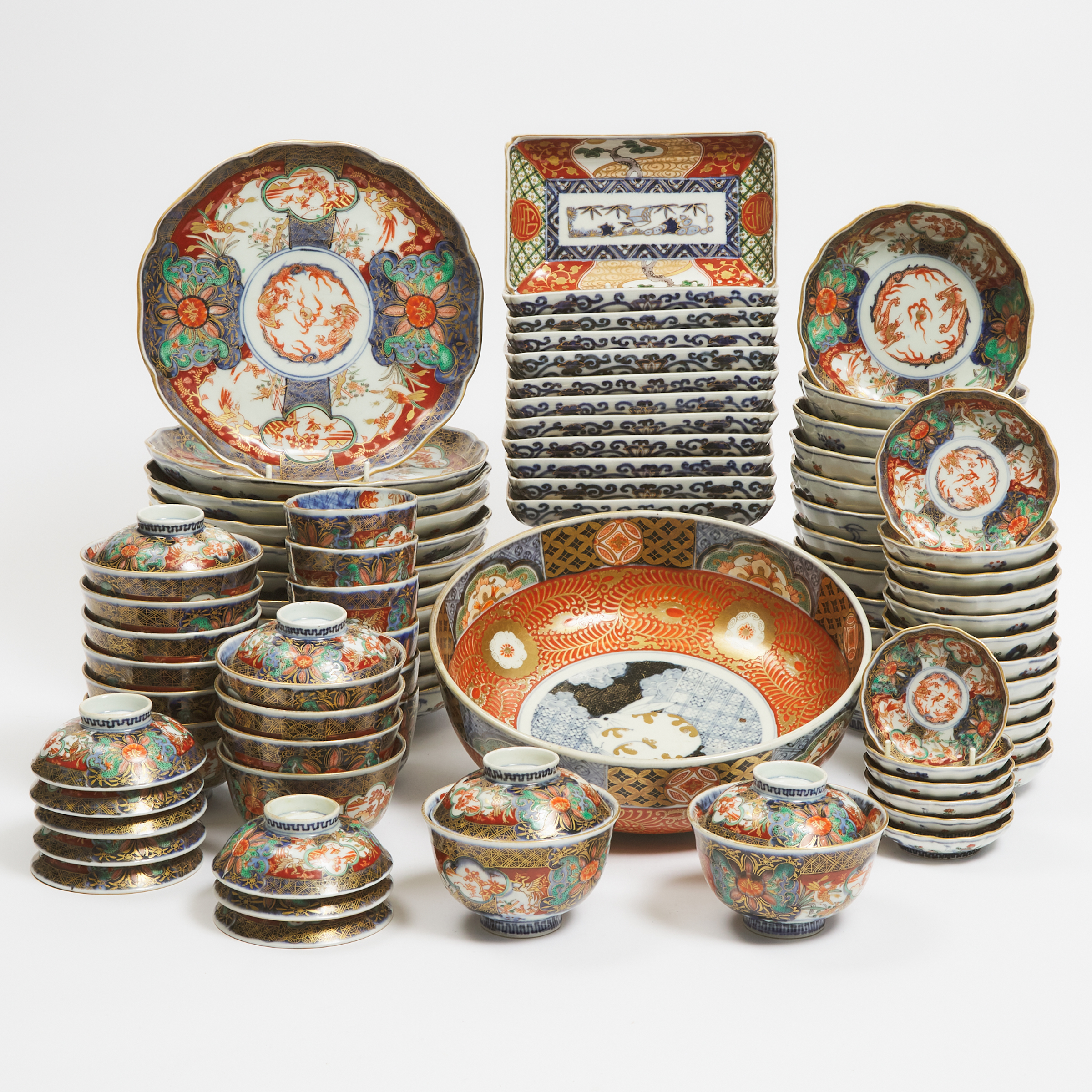 A Large Collection of Seventy-Three Japanese Imari Porcelain Wares, Meiji Period (1868-1912)