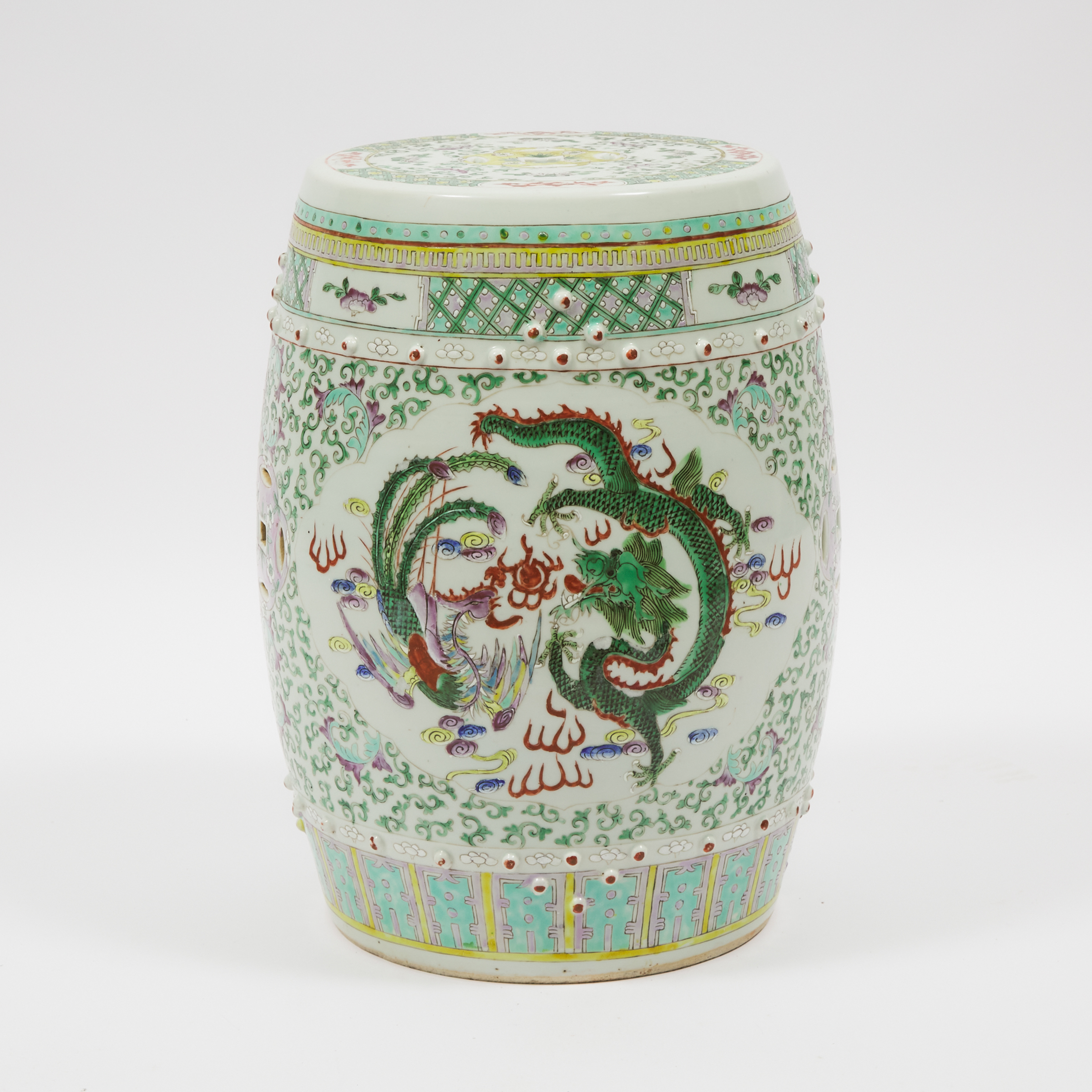 A Famille Rose 'Dragon and Phoenix' Barrel Stool, Early 20th Century