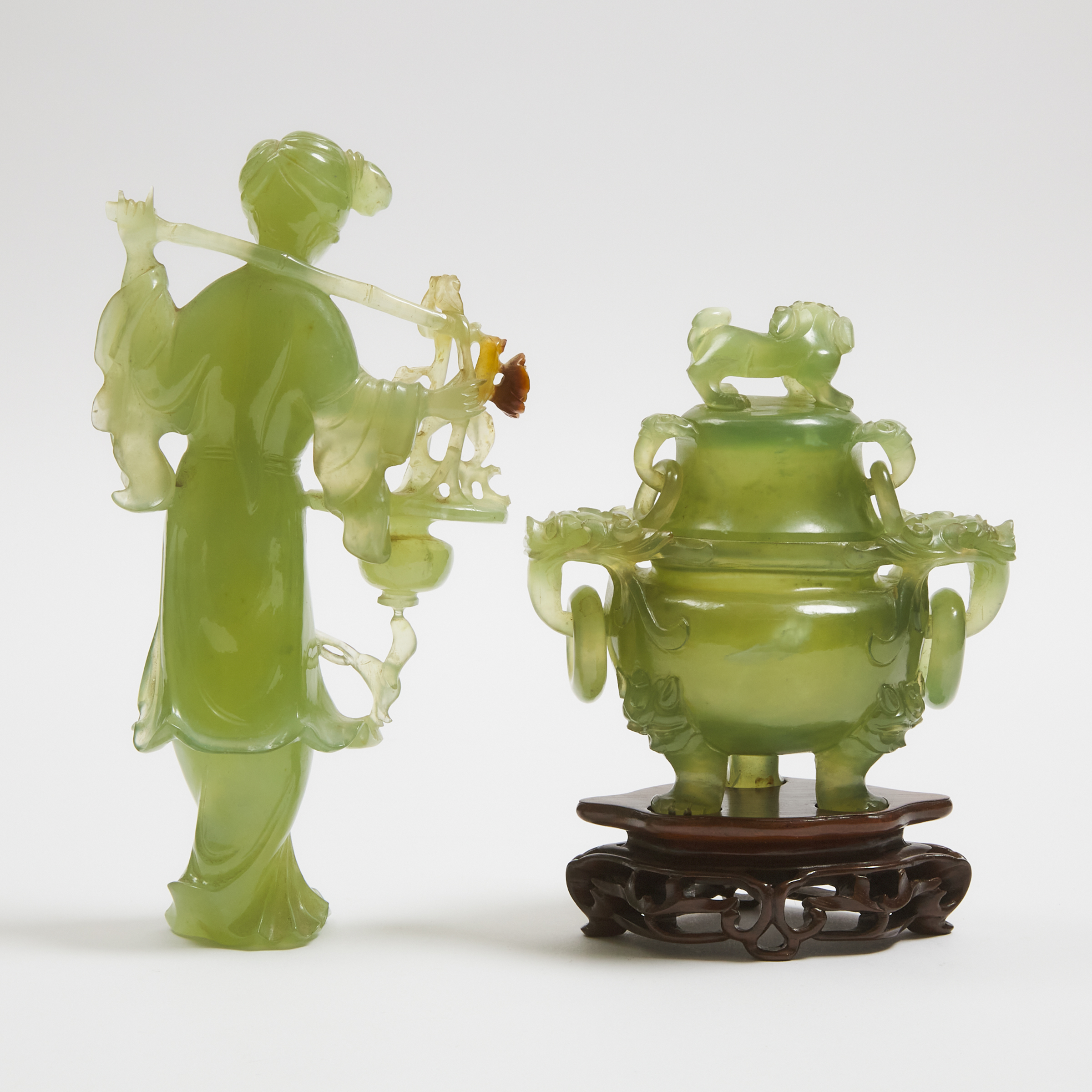A Chinese Serpentine Figure of a Lady, Together With a Tripod Censer and Cover, Mid 20th Century