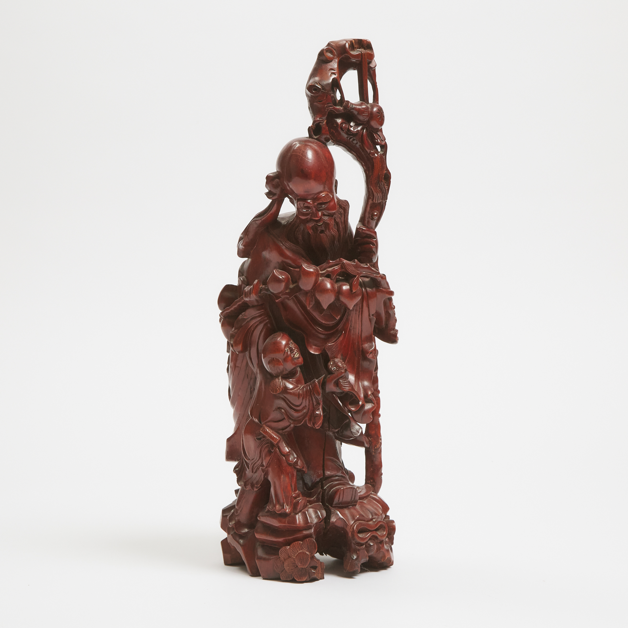 A Large Wood Figure of Shoulao and Attendant, Early to Mid 20th Century