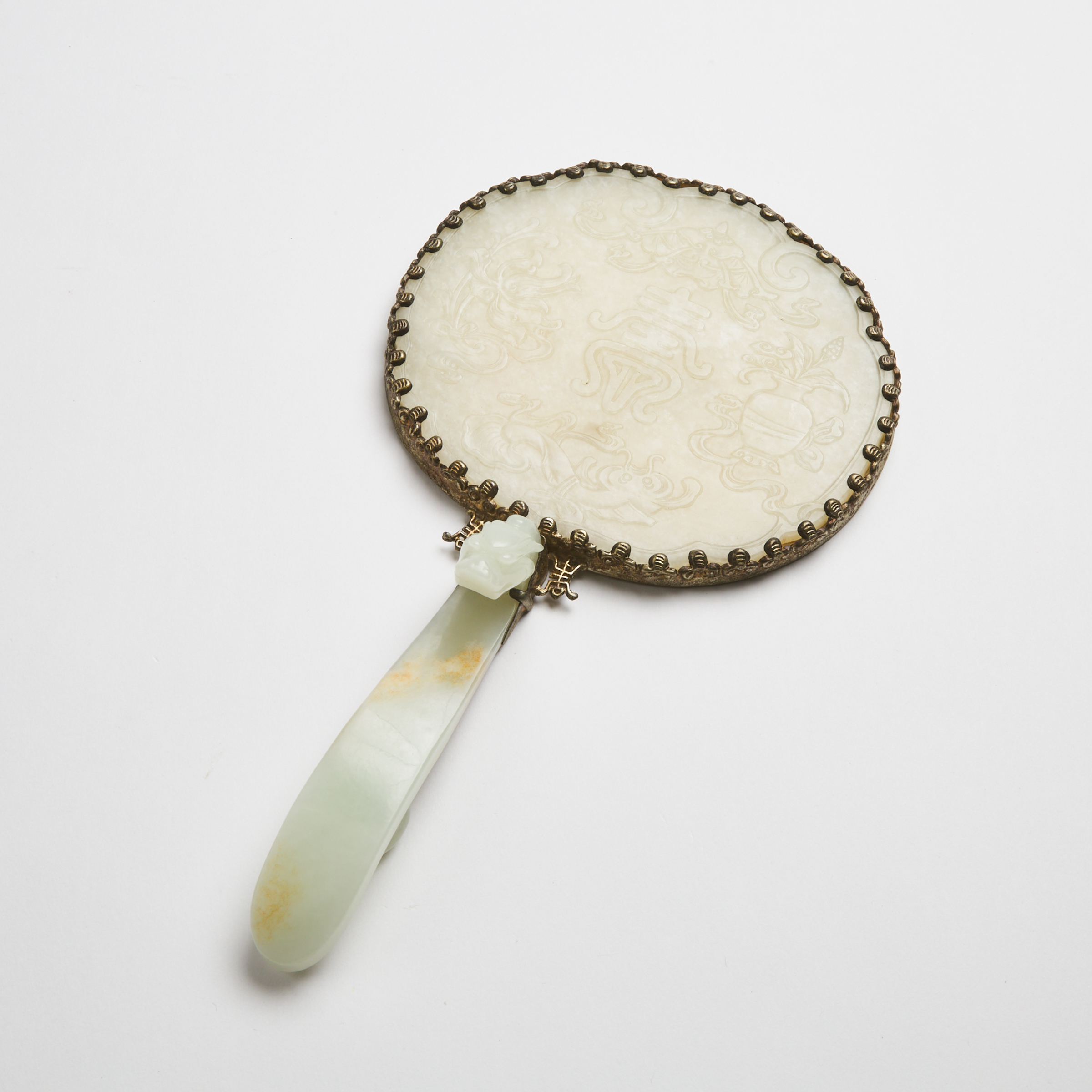 A White Jade Mounted Silver Hand Mirror, 19th Century