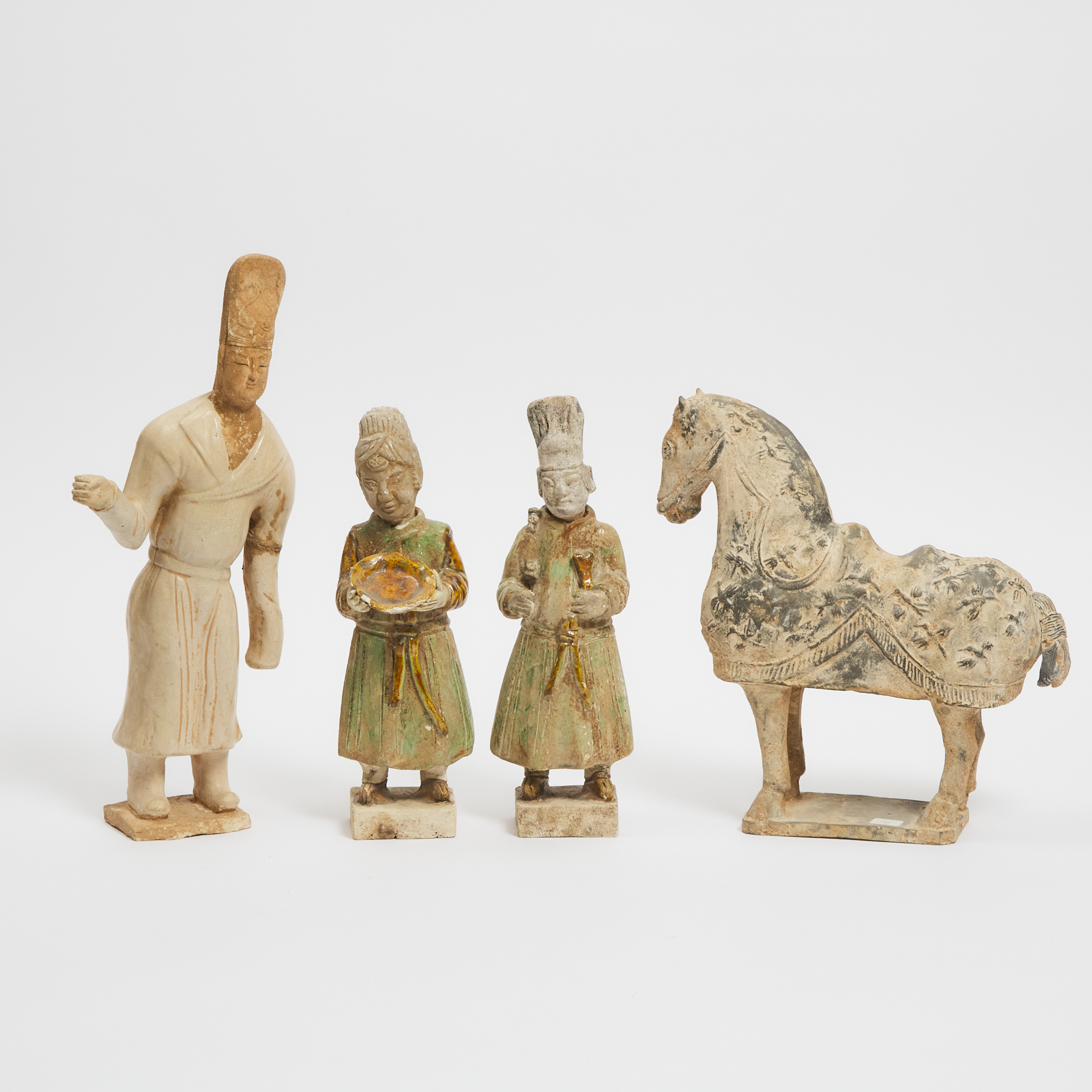 A Group of Four Painted Pottery Figures and Horse, Han Dynasty and Later
