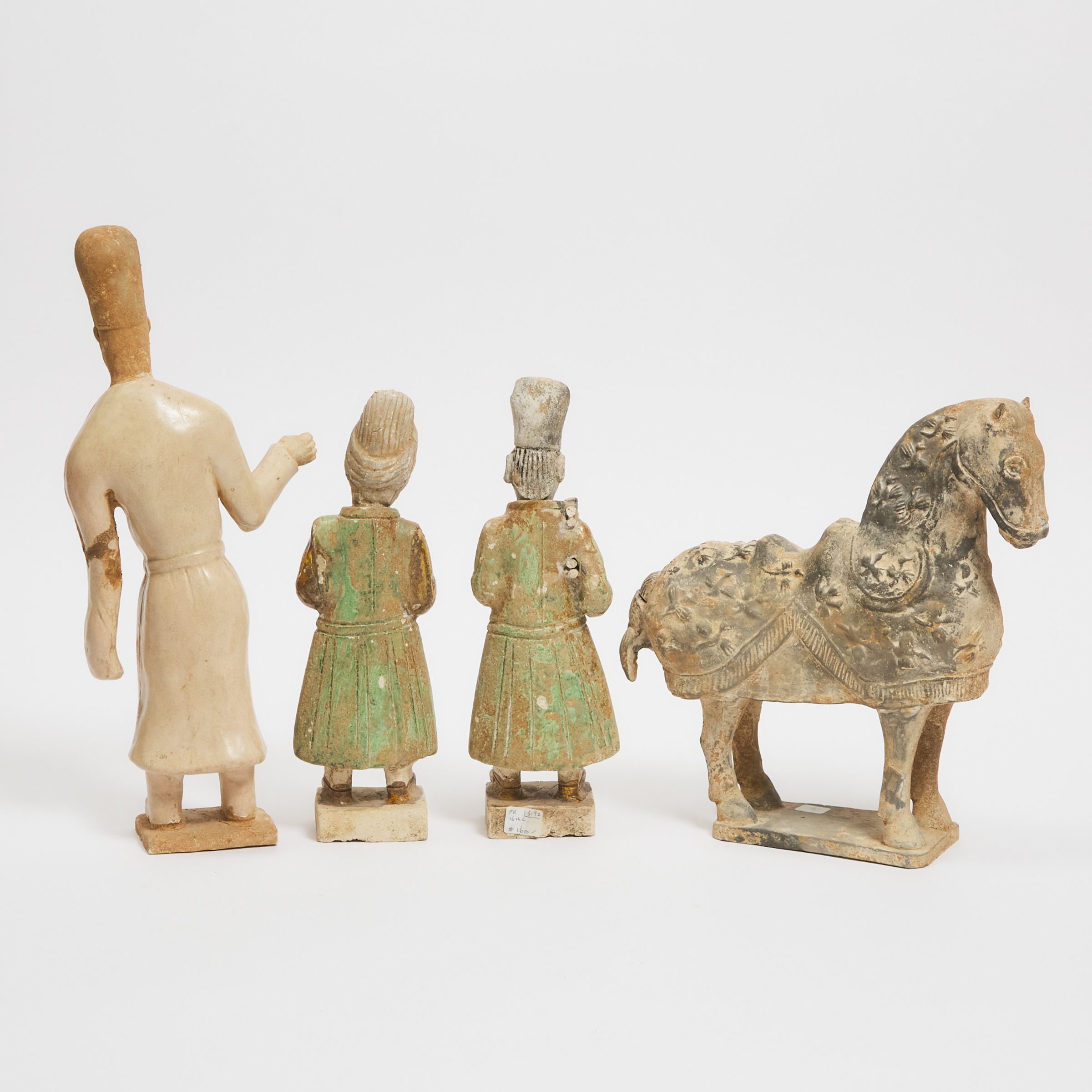 A Group of Four Painted Pottery Figures and Horse, Han Dynasty and Later