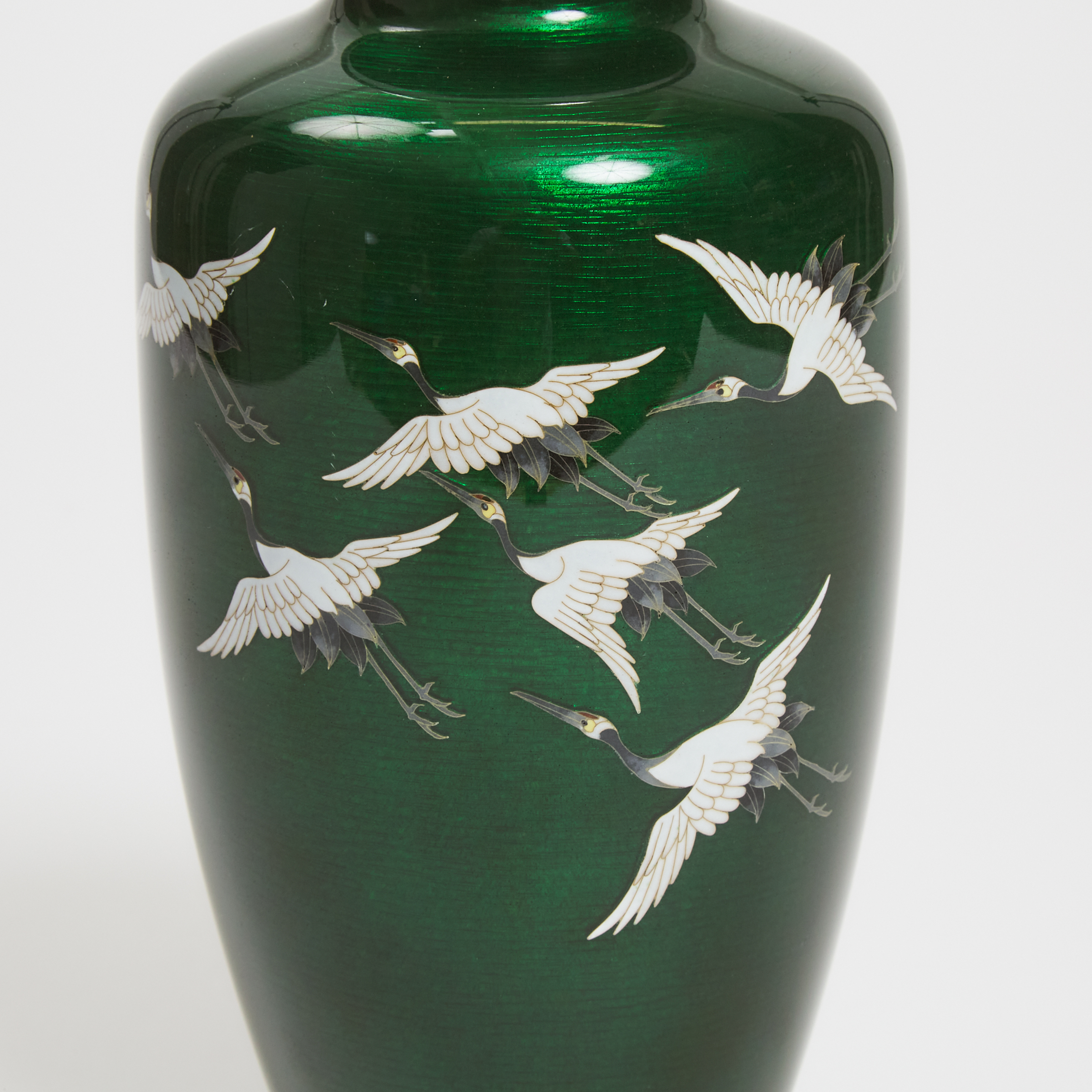 Ando Company, A Green Cloisonné Enamel 'Cranes' Vase, 20th Century