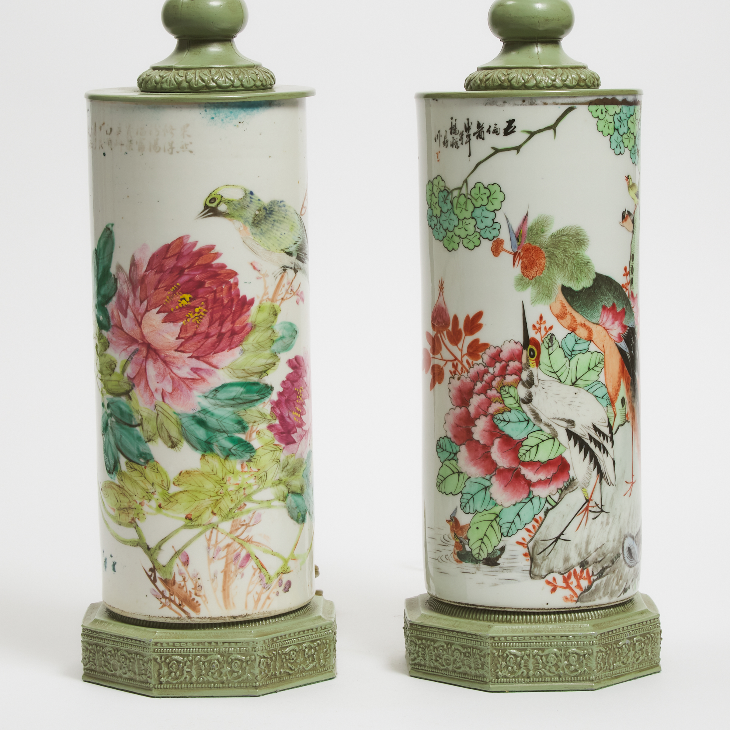 Two Famille Rose Porcelain 'Birds and Flowers' Sleeve Vase Lamps, Republican Period, Dated 1918
