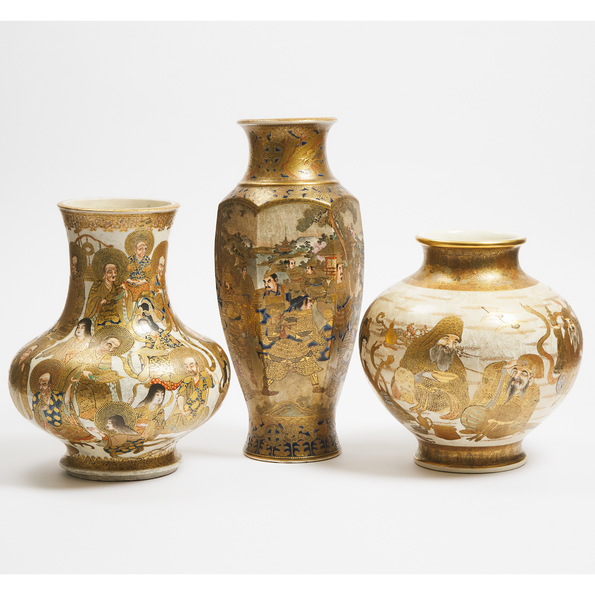 A Group of Three Large Satsuma Vases, Meiji Period (1868-1912)