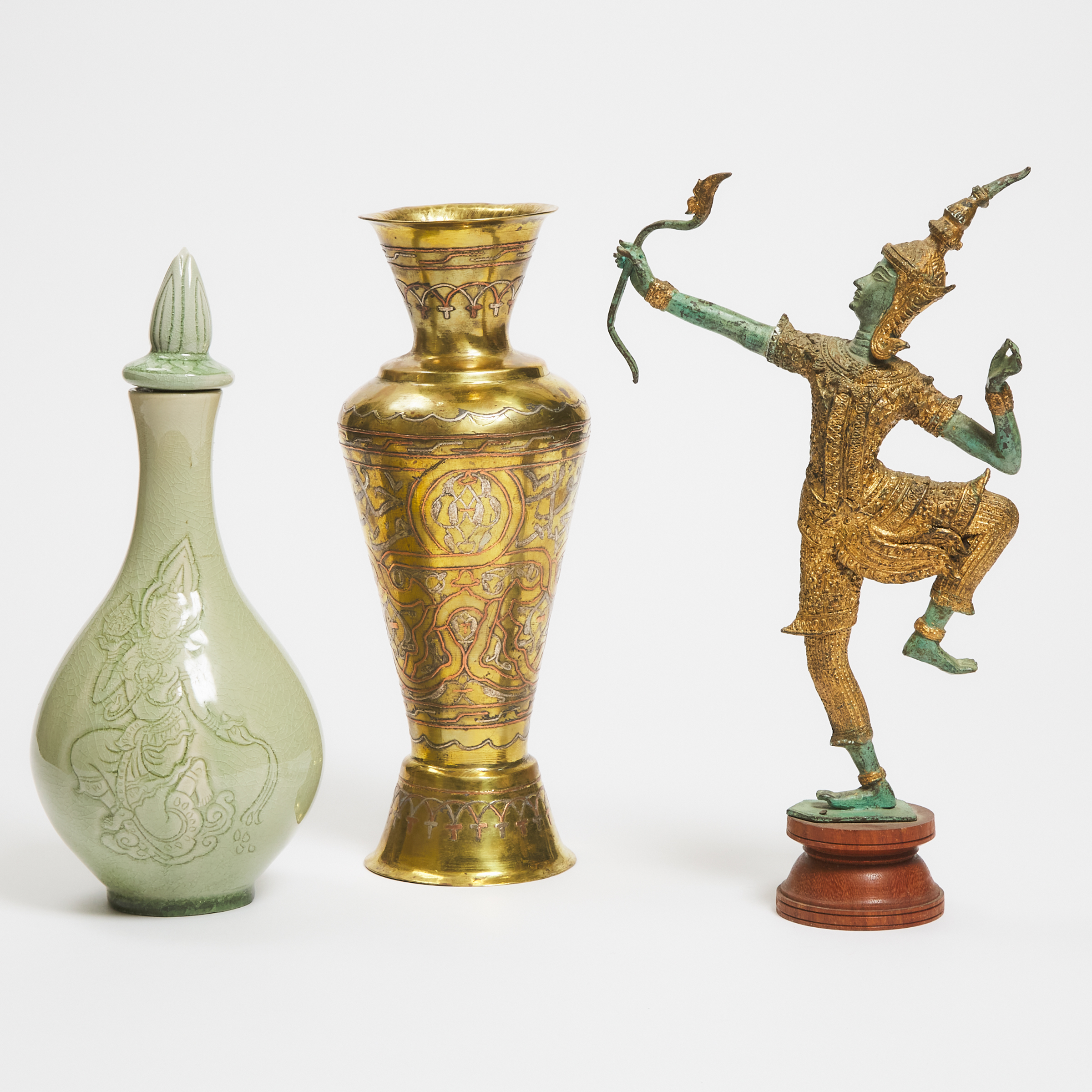 A Thai Celadon Vase and Stopper, Together With a Thai Bronze Figure of an Archer and a Persian Inlaid Brass Vase, 19th/20th Century