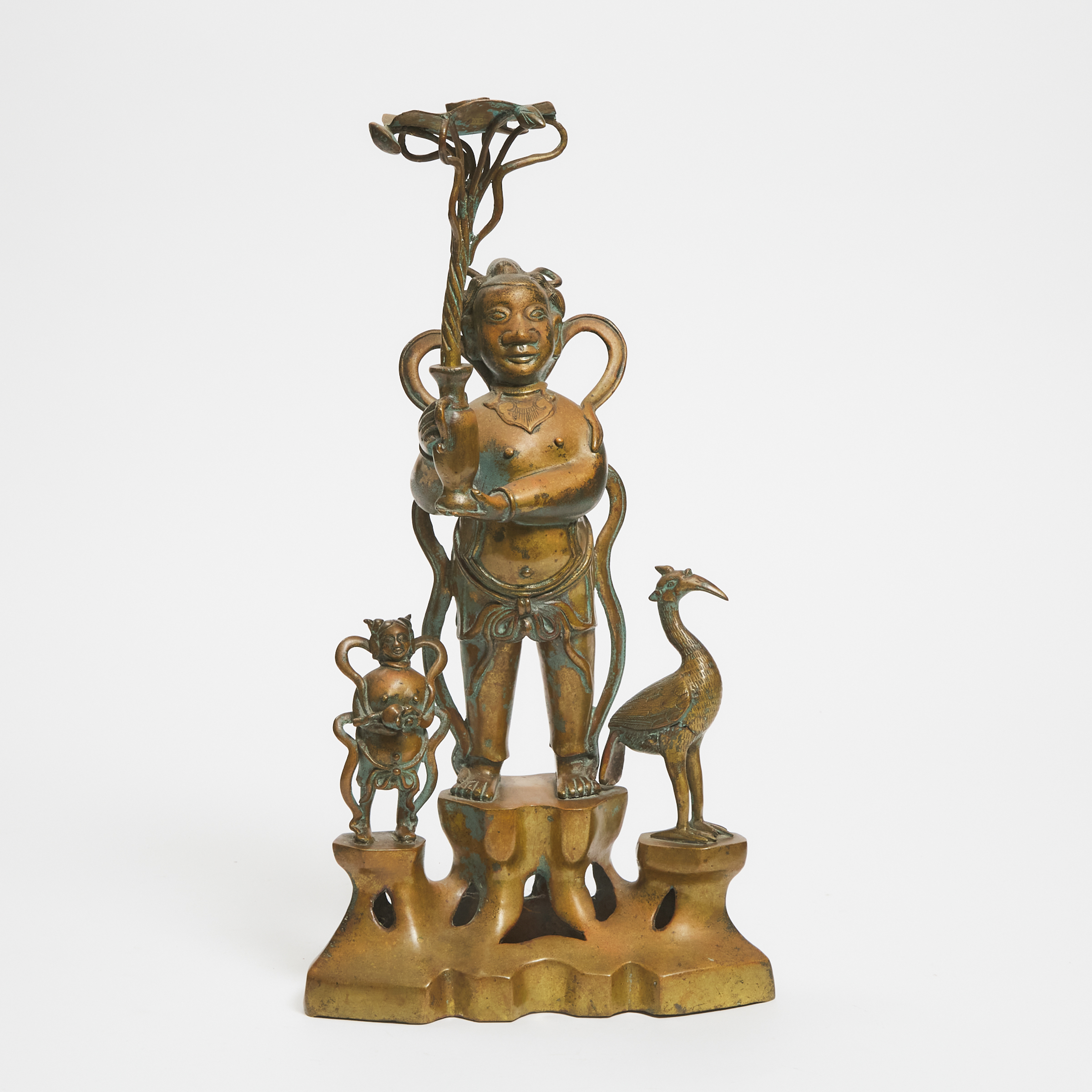 A Chinese Bronze 'Daoist Immortal and Acolyte' Taperstick, Qing Dynasty