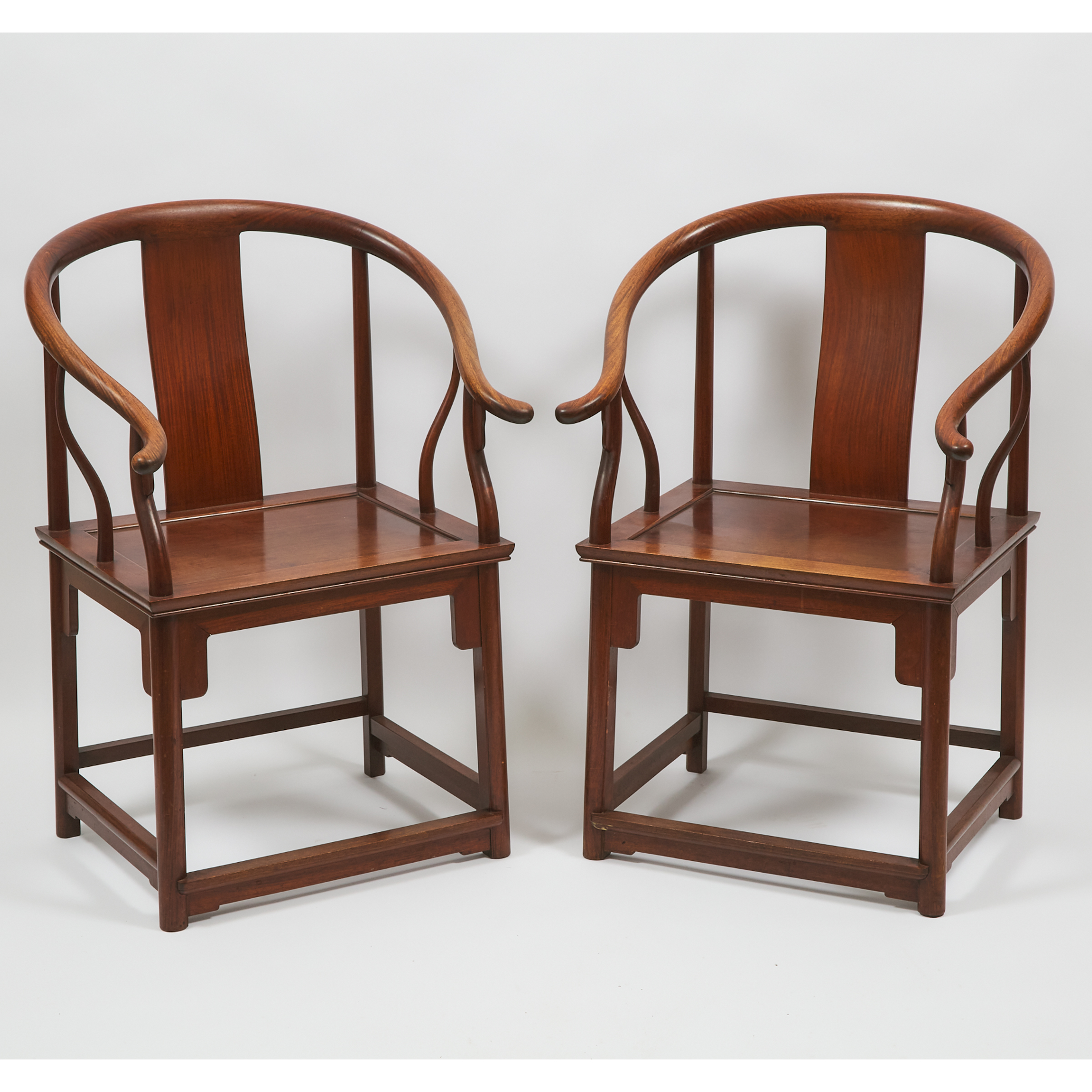 A Pair of Chinese Hardwood Horseshoe-Back Armchairs, 20th Century