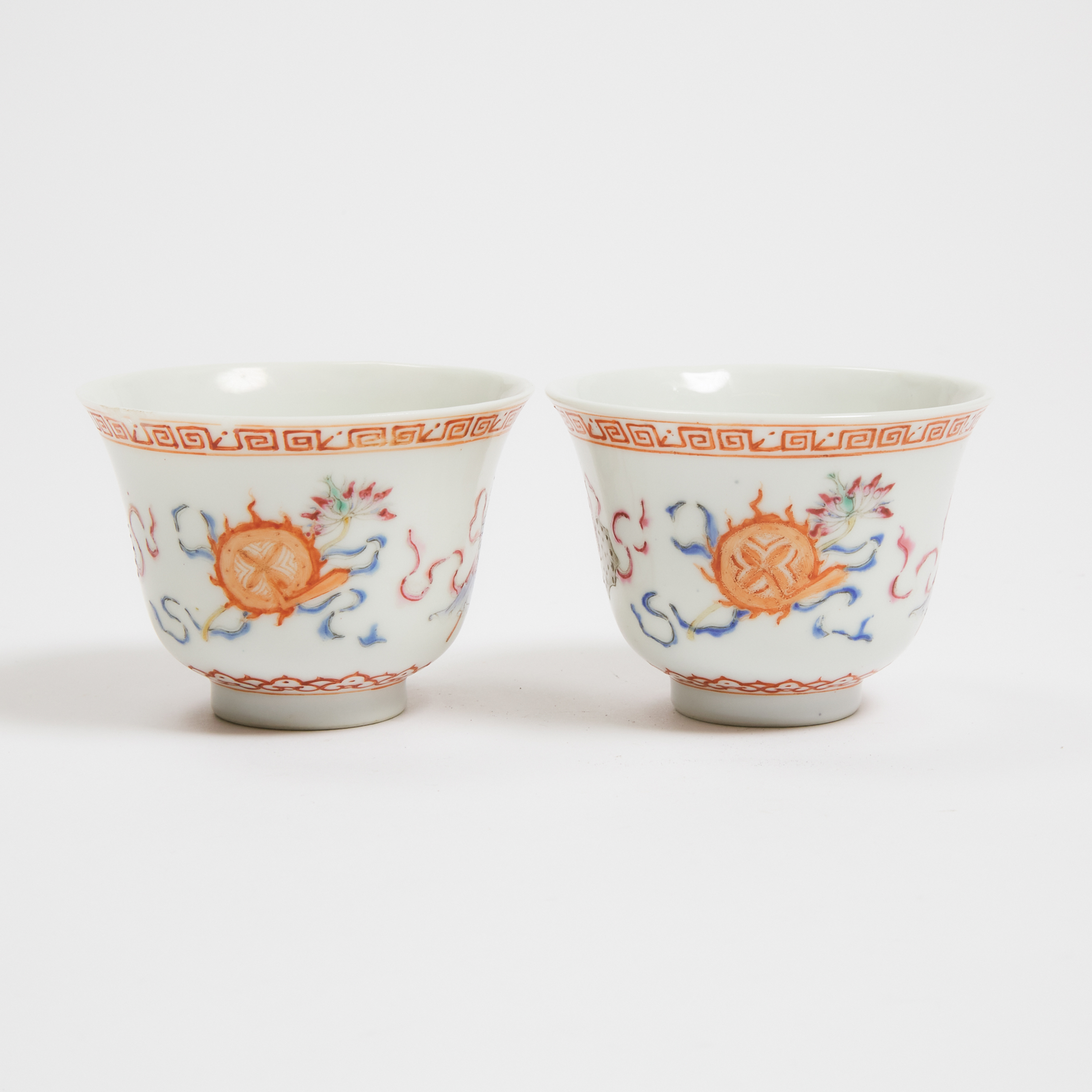 A Pair of Famille Rose 'Buddhist Emblems' Wine Cups, Qianlong Mark, Late Qing Dynasty