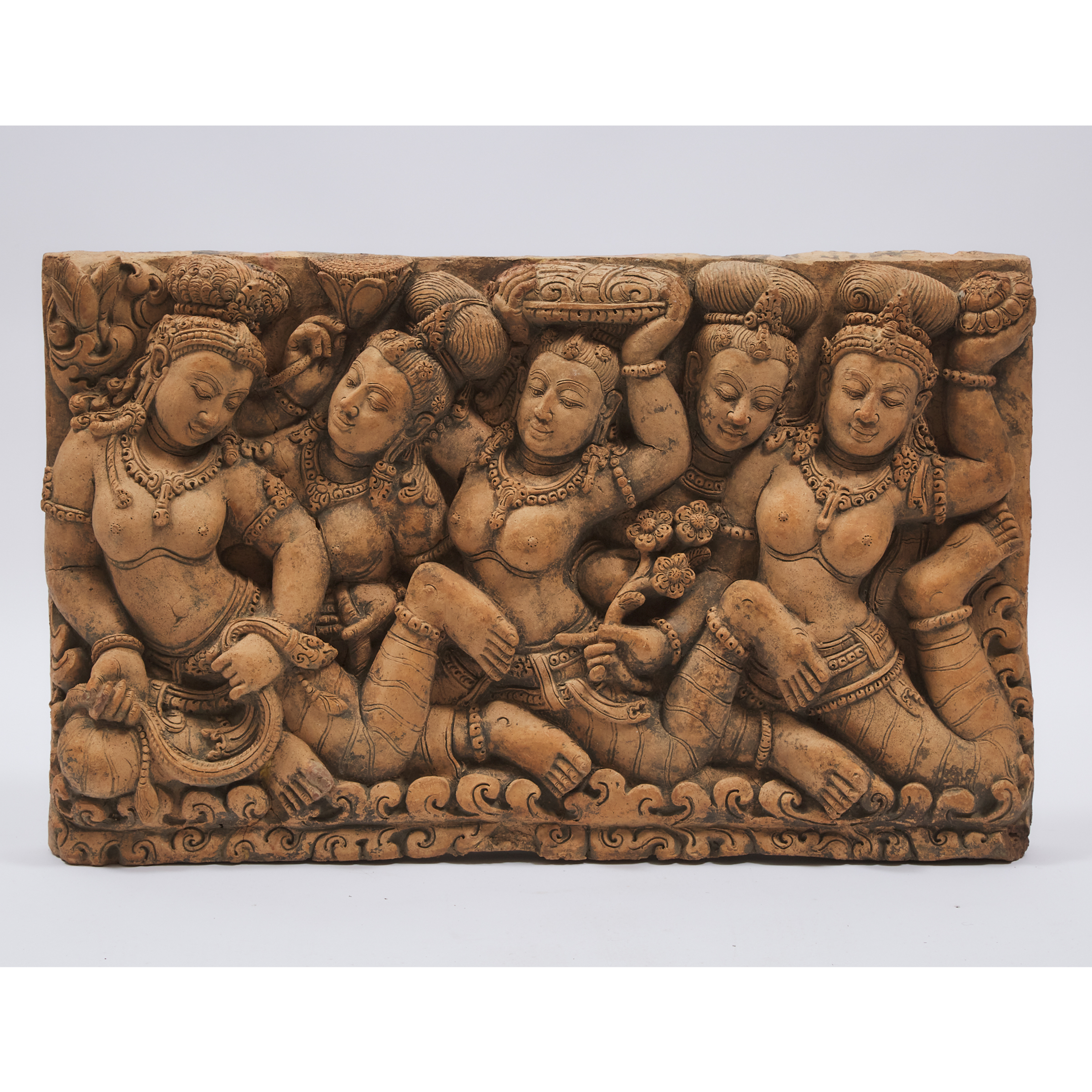 A Massive Thai Terracotta Panel Depicting Female Deities, 15th Century or Later