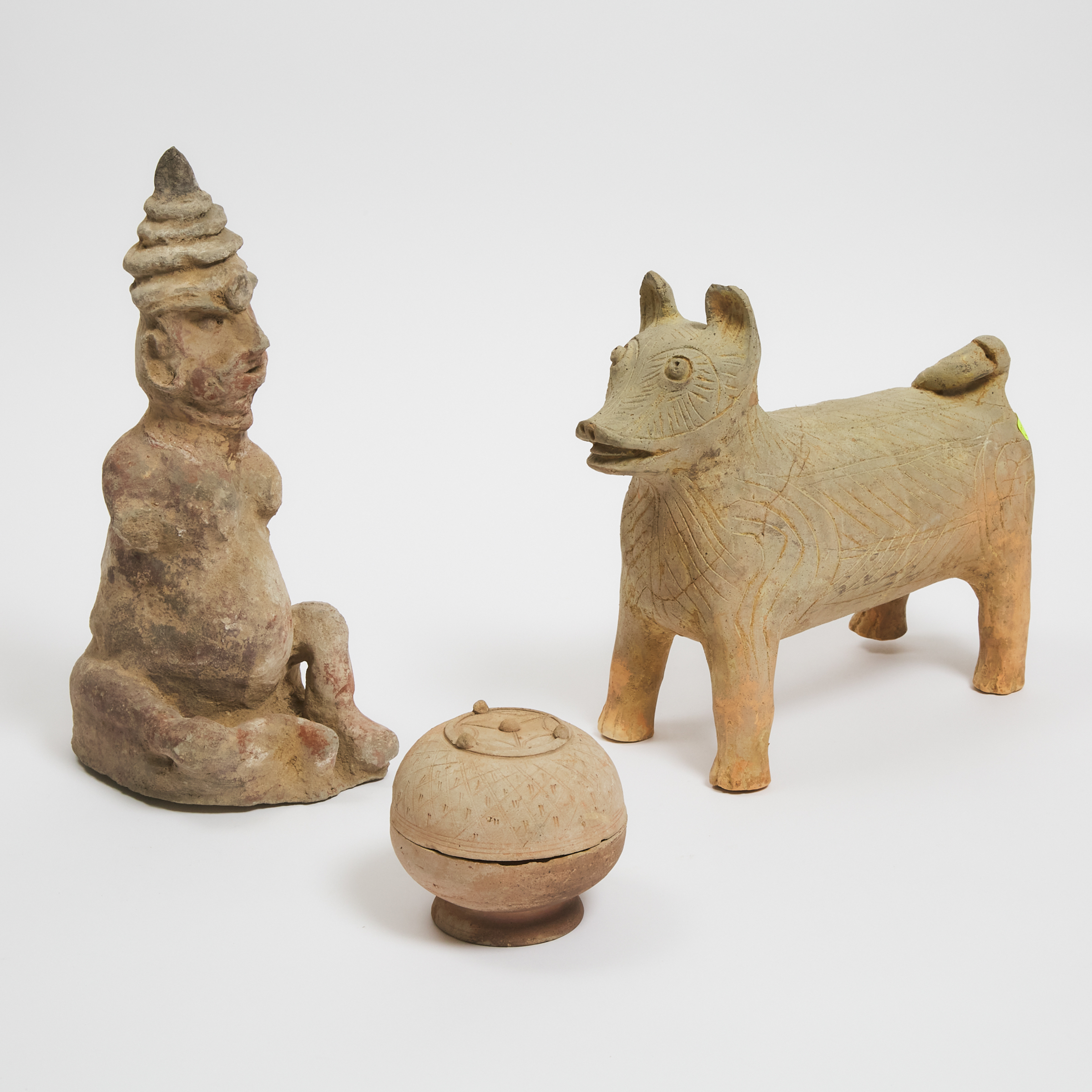 A Group of Three Pottery Figures and Vessel, Han Dynasty (206 BC-220 AD)