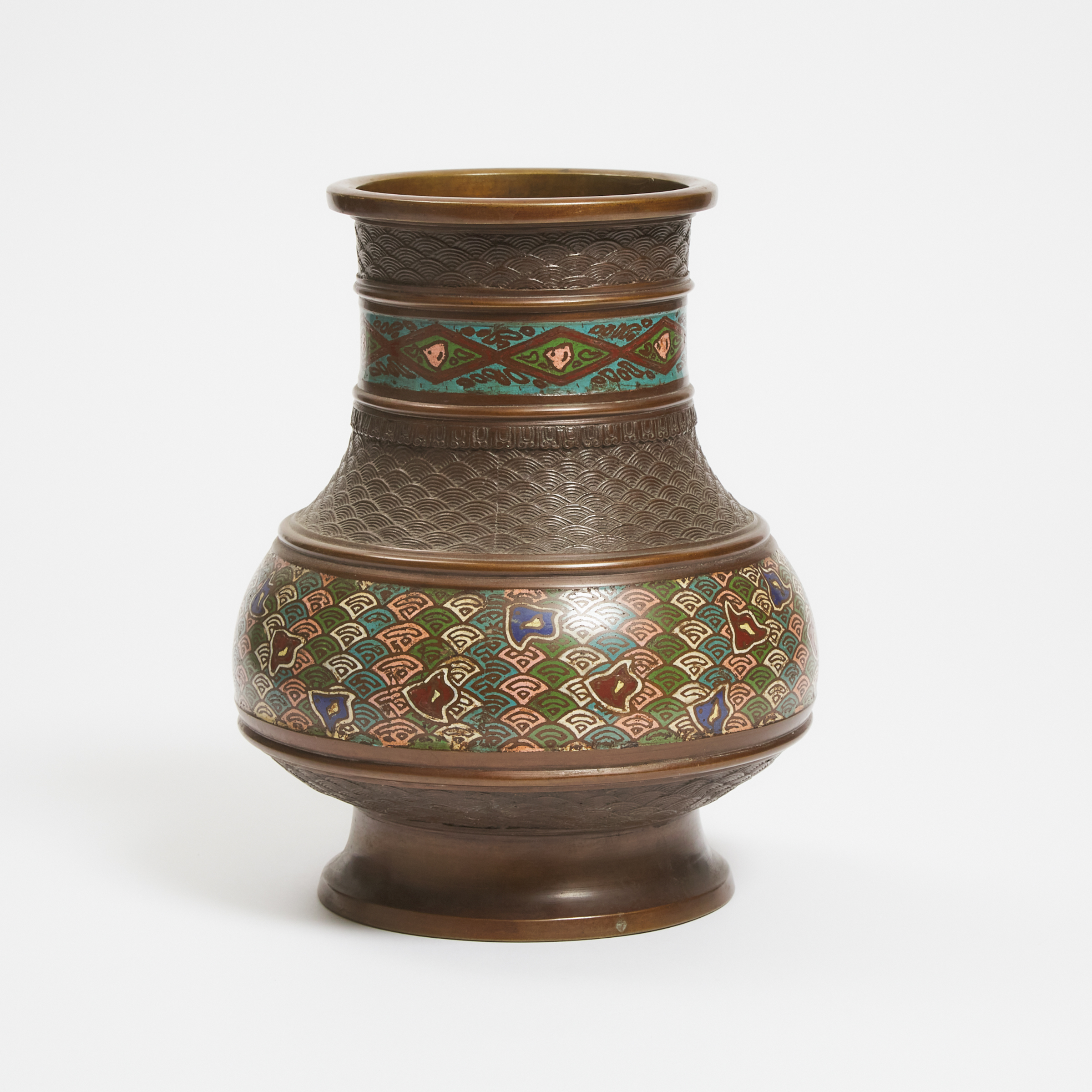 A Japanese Bronze Champlevé Enamel Vase, Late 19th/Early 20th Century