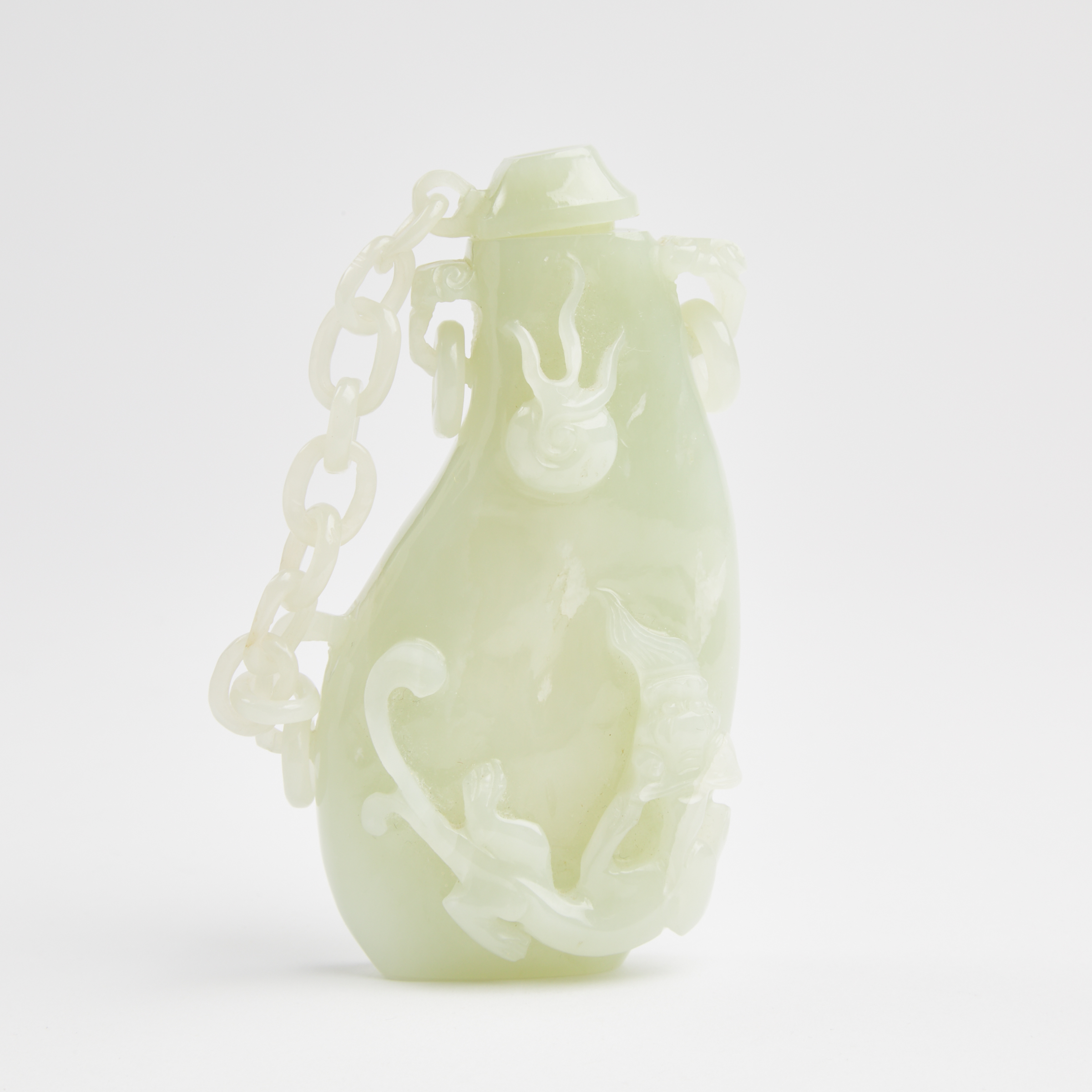 A Pale Celadon Jade 'Hanging Leather Ewer' Form Flask and Cover, Early 20th Century