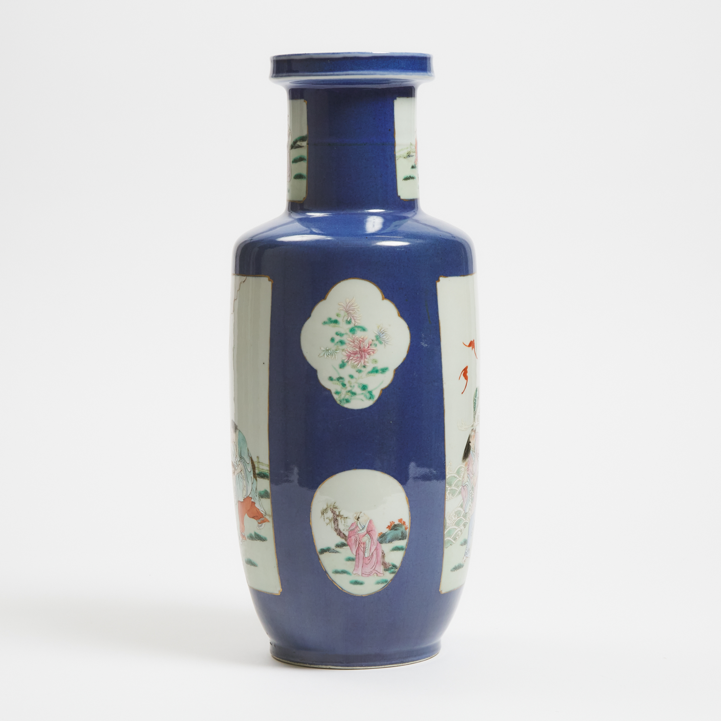 A Famille Rose Powder-Blue-Ground 'Daoist Immortals' Rouleau Vase, Kangxi Mark, 19th Century