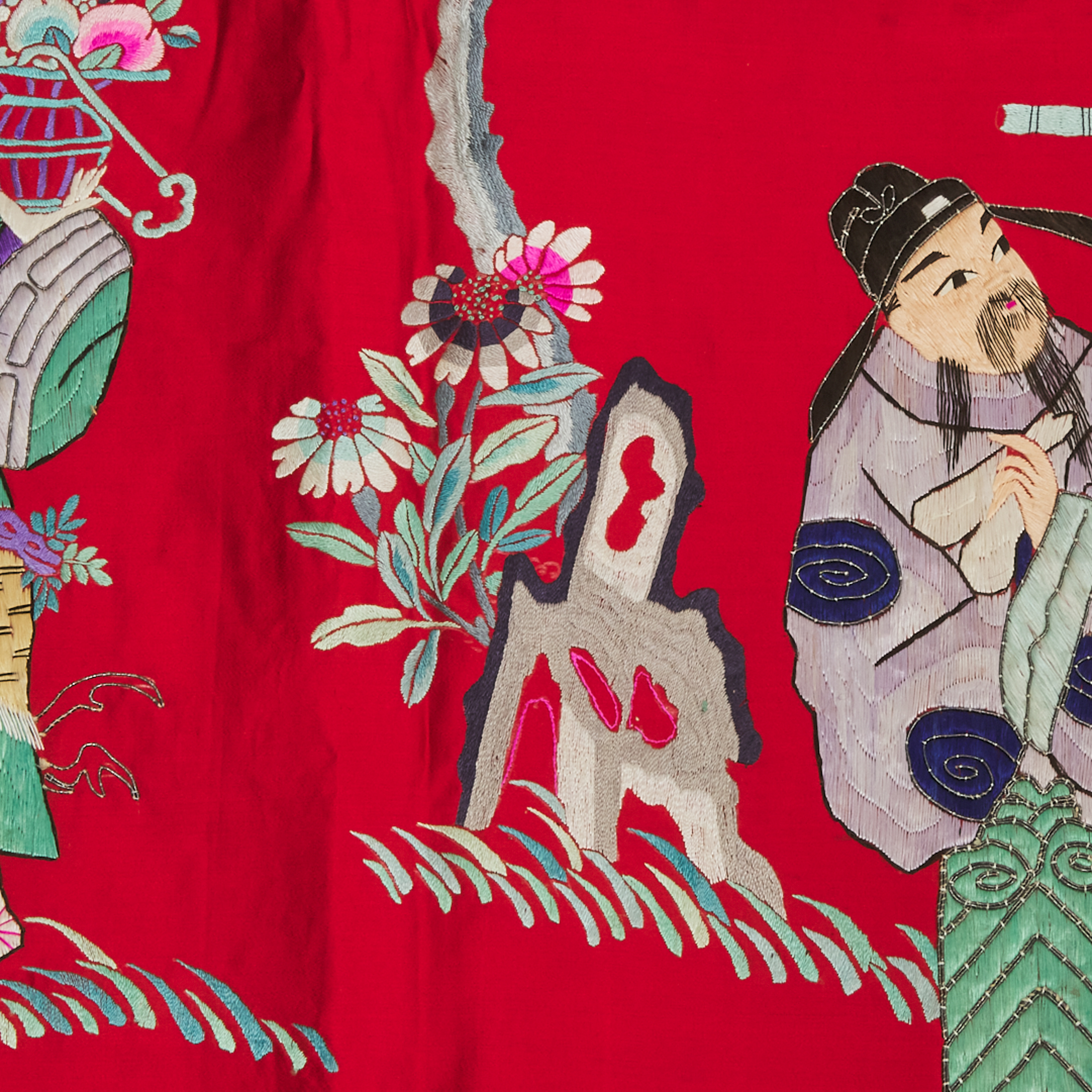 A Large Chinese Silk Embroidered Red-Ground 'Eight Immortals' Hanging Panel, Republican Period, Early 20th Century