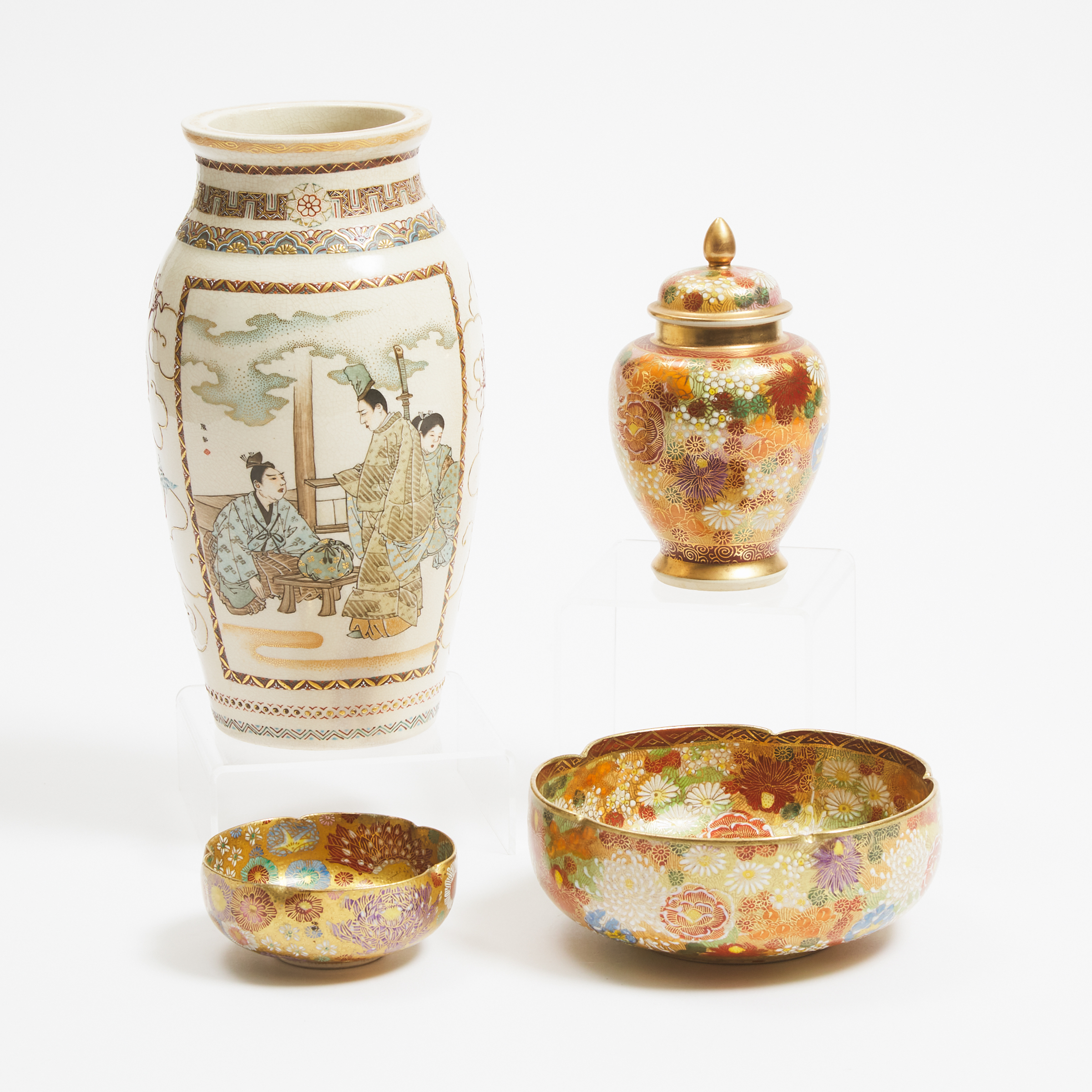 Three Satsuma 'Millefleur' Vessels, Together With a Satsuma 'Figural' Vase, Meiji/Taisho Period (1868-1926)