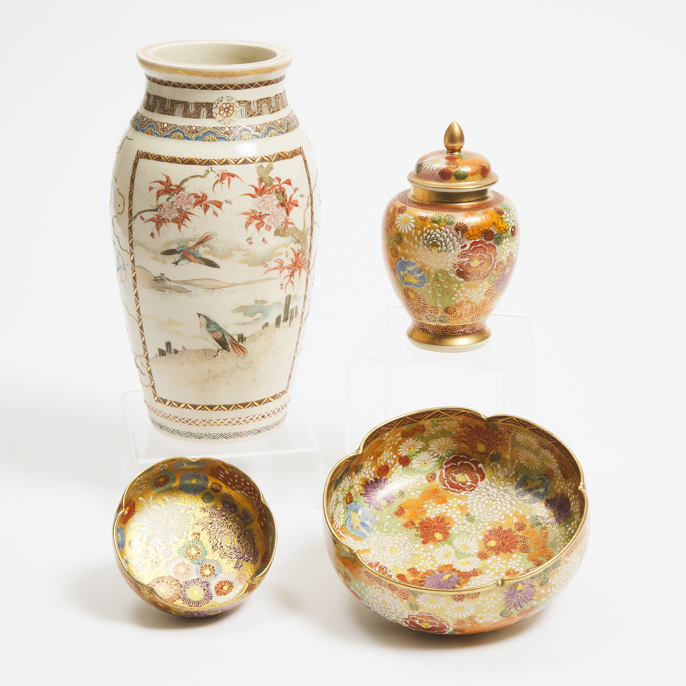 Three Satsuma 'Millefleur' Vessels, Together With a Satsuma 'Figural' Vase, Meiji/Taisho Period (1868-1926)