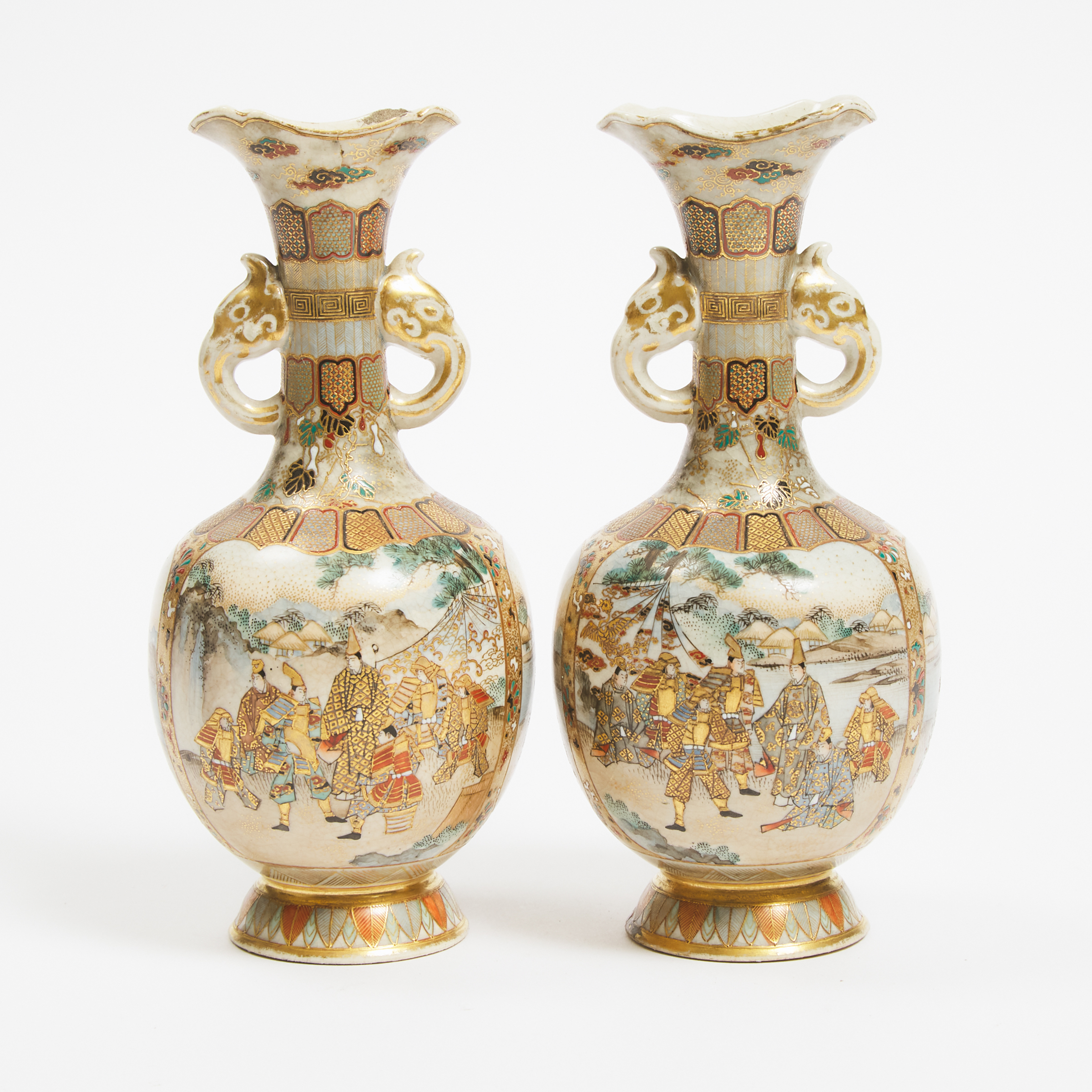A Pair of Small Satsuma 'Figural' Vases, Signed, Meiji Period (1868-1912)