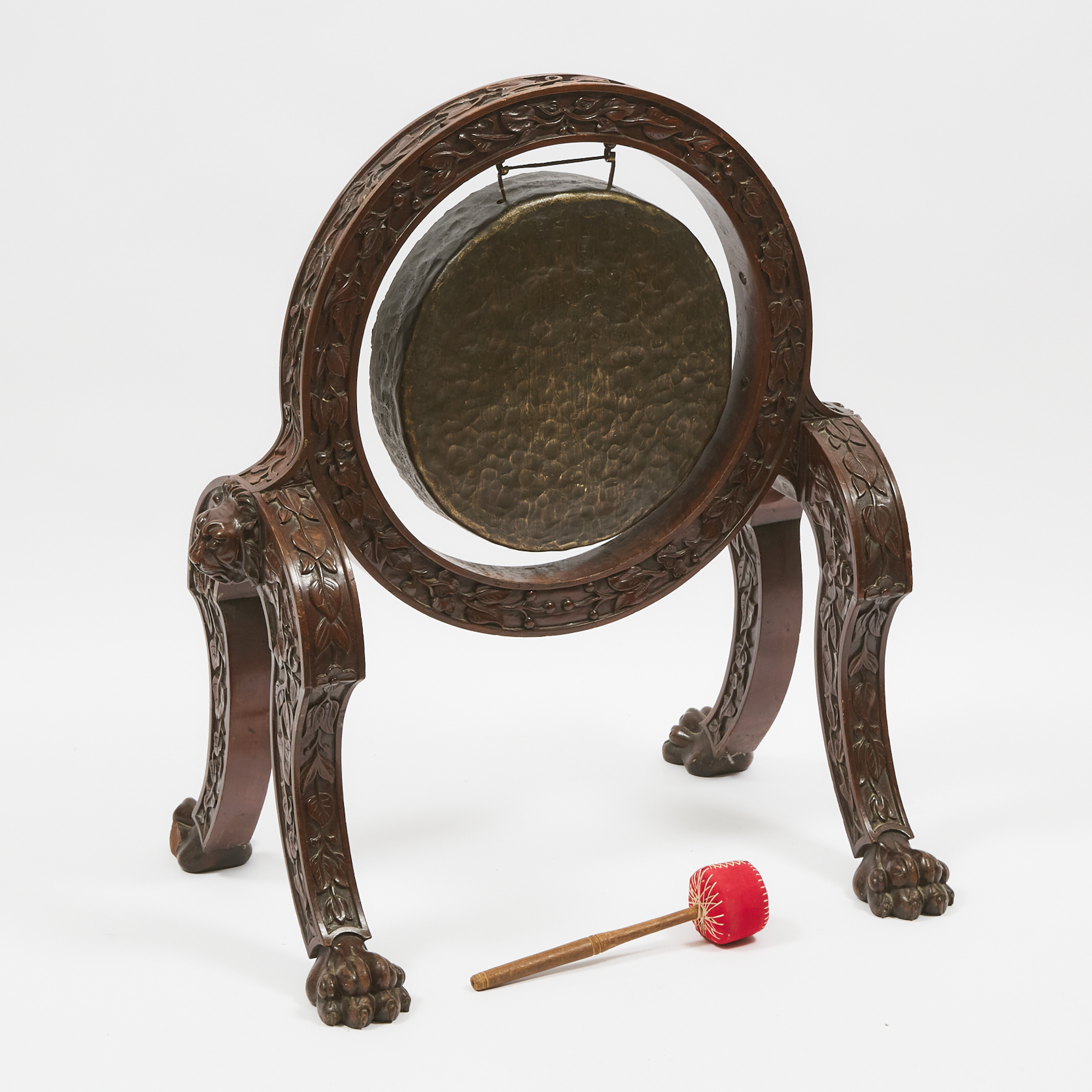 A Chinese Bronze Dinner Gong and Victorian Mahogany Stand, Circa 1900