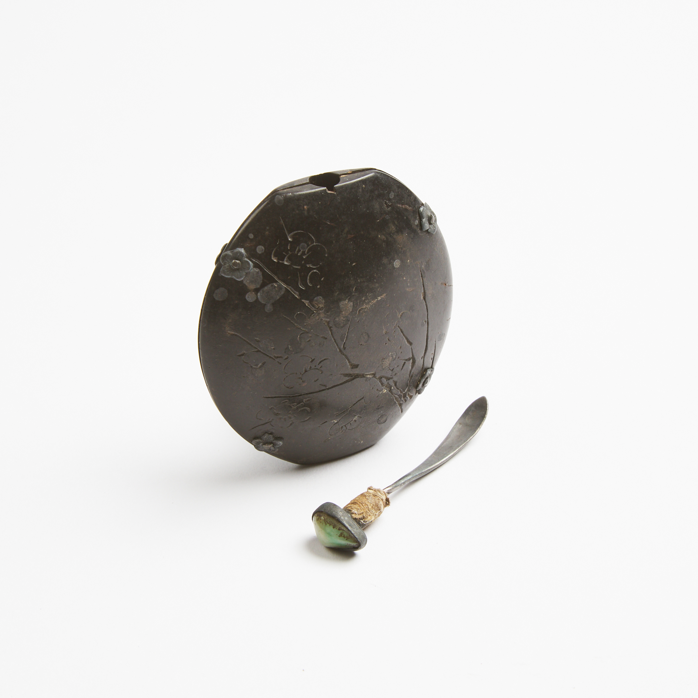 A Carved Coconut Shell 'Calligraphy and Plum Blossom' Snuff Bottle, Cyclically Dated 1870, Signed You Chen