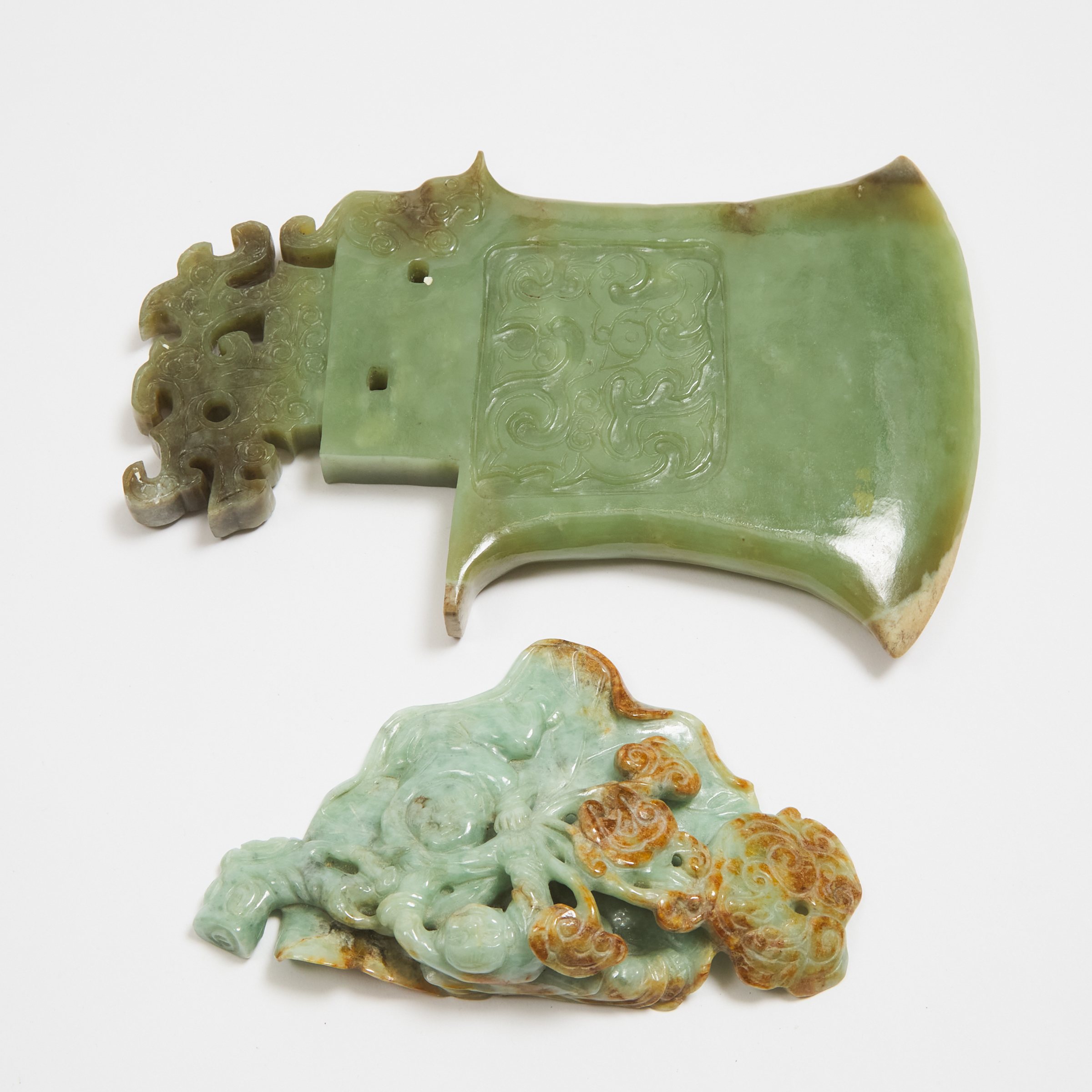 A Jadeite Archaic-Style Axe, Together With a 'Boys and Lotus' Group, 20th Century