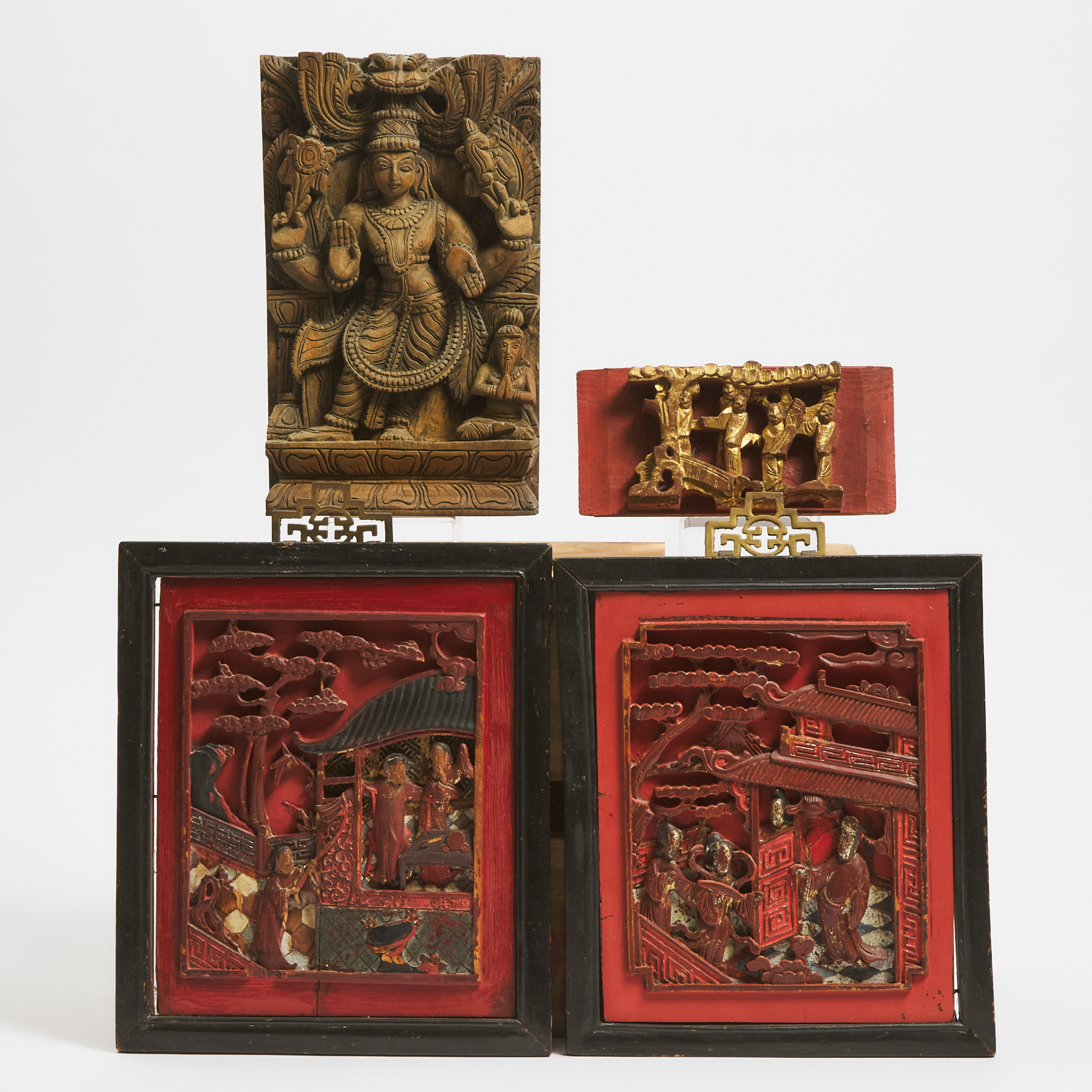 A Group of Three Chinese Wood Carvings, Together With an Indian Wood Carved Panel, 19th/20th Century