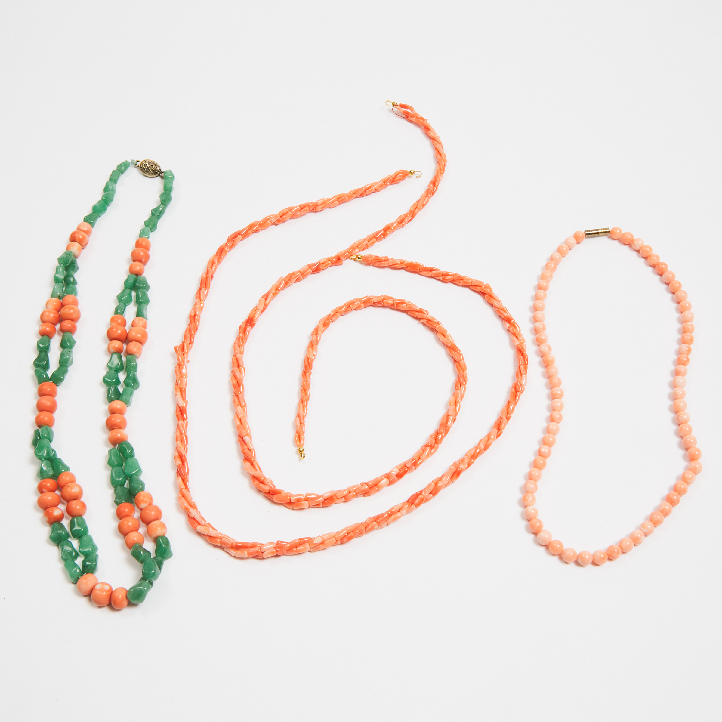Four Strands of Coral Necklaces. Early to Mid 20th Century