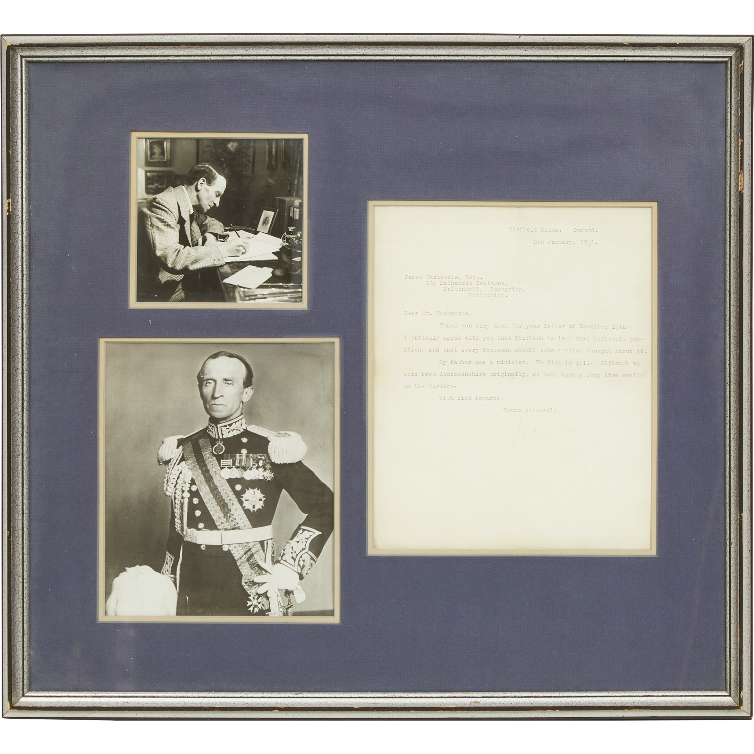 John Buchan, 1st Baron Tweedsmuir Signed Letter and Two Photographs, 1931