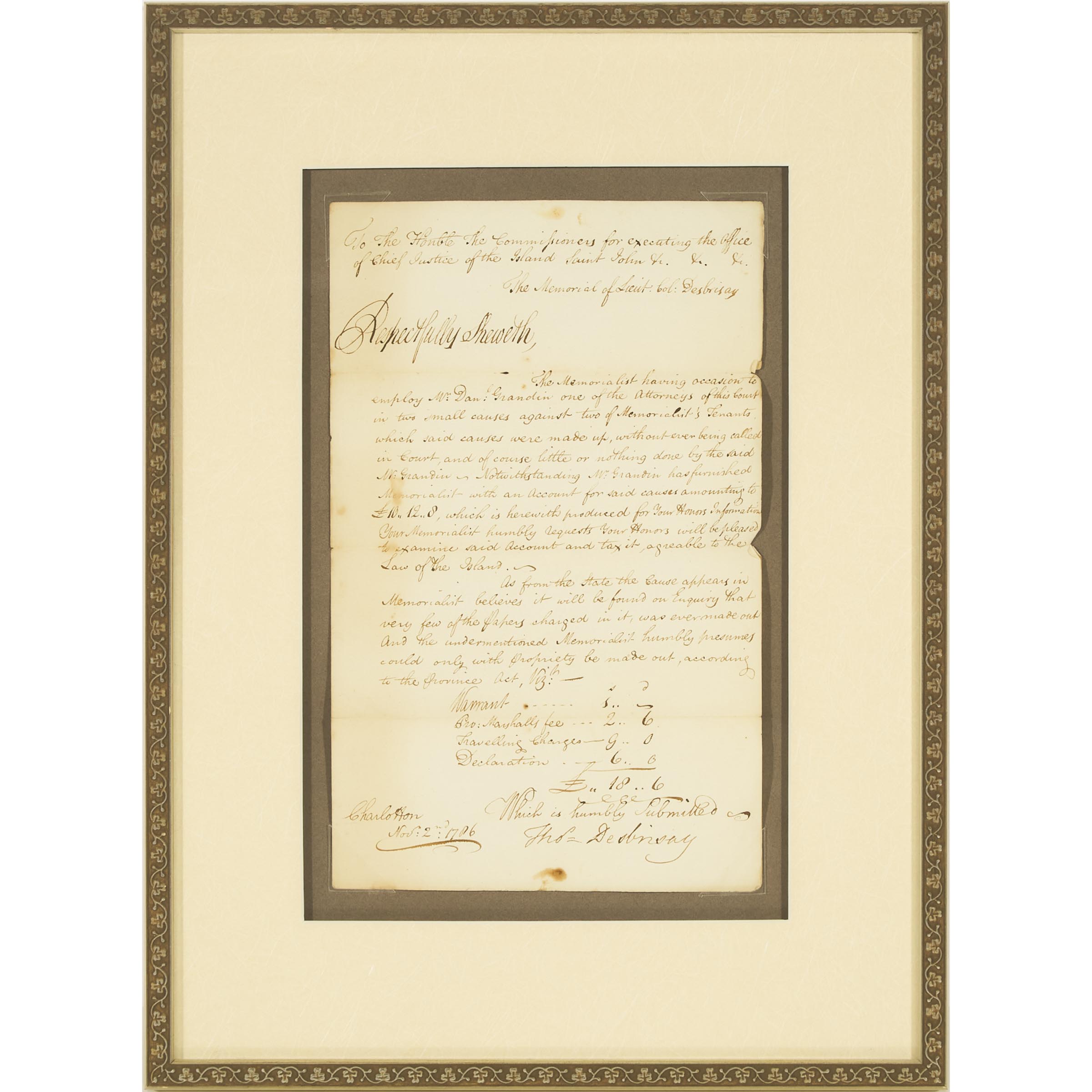 Lieut. Col. Thomas Desbrisay St. John Island (Prince Edward Island) Court Document, Nov. 12, 1786