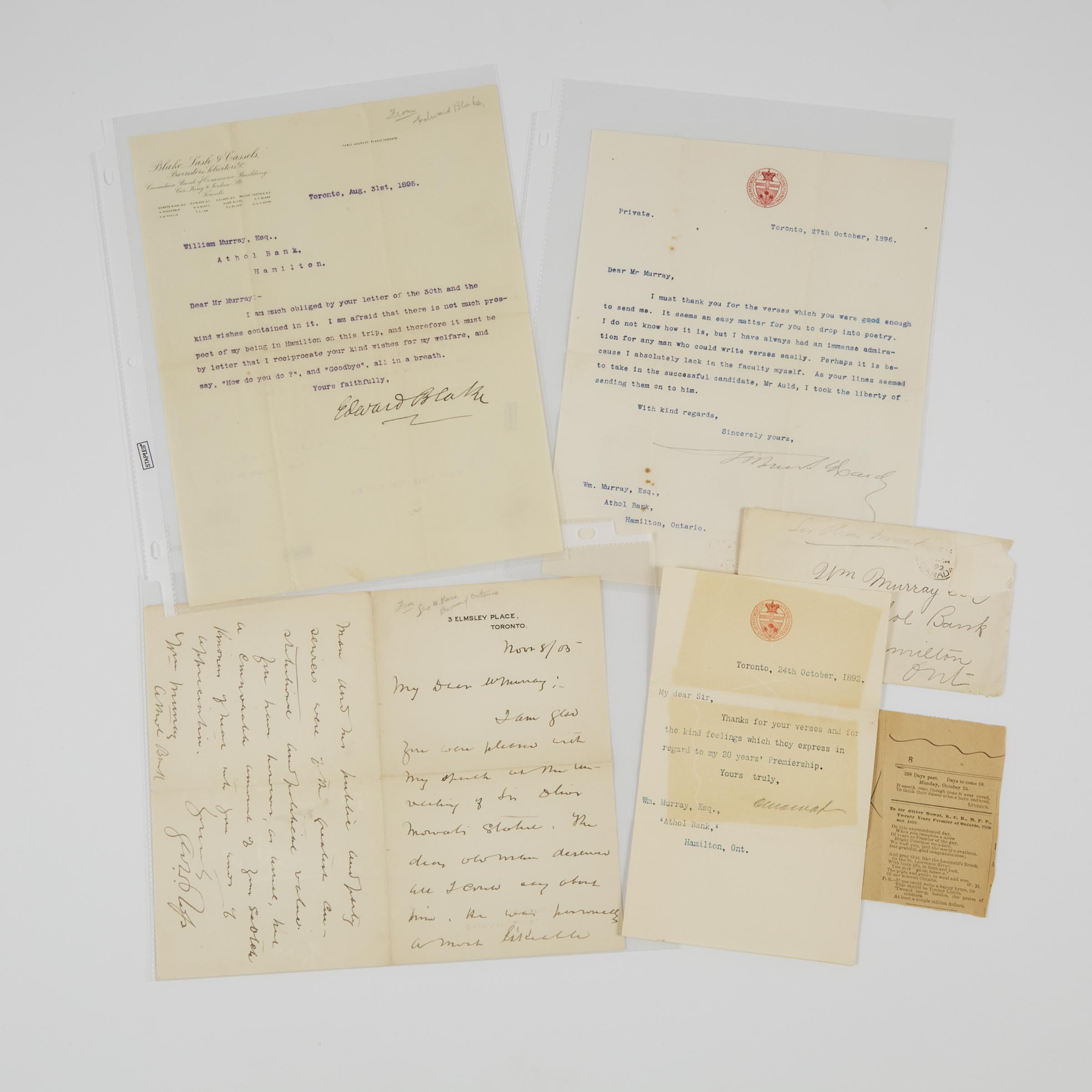 Early Premiers of Ontario, Four Signed Letters, 1892-1902