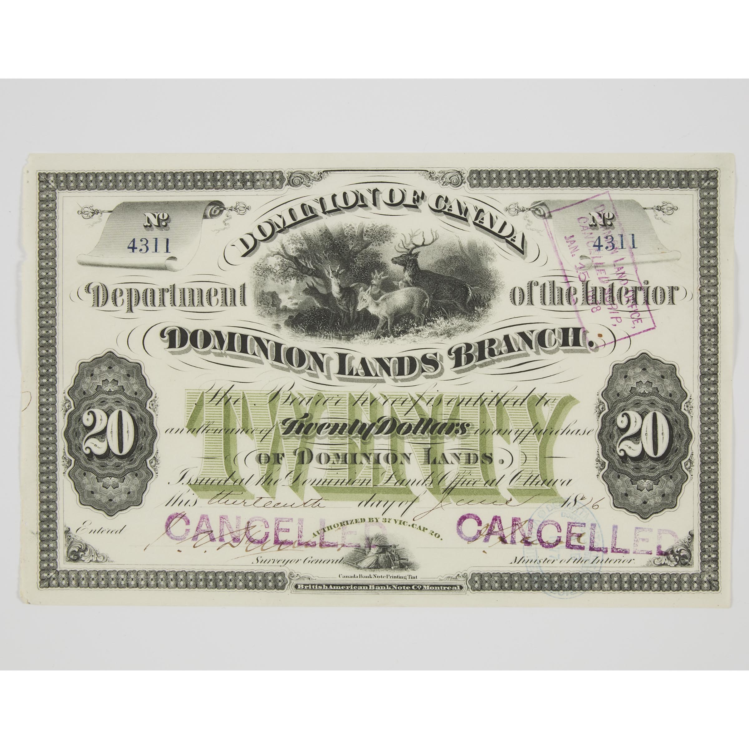 Dominion of Canada $20 Land Scrip, Issued June 13, 1876