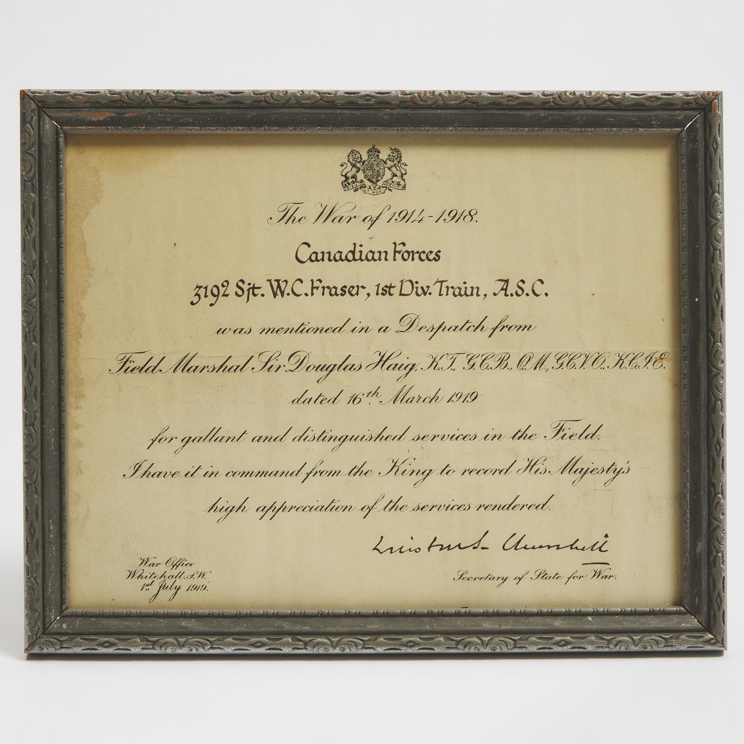 Portrait of Sgt. William Cameron Fraser, 1st Div. Train, A.S.C. and His Distinguished Services in the Field Certificate, War Office, Whitehall S.W., 1st July, 1919