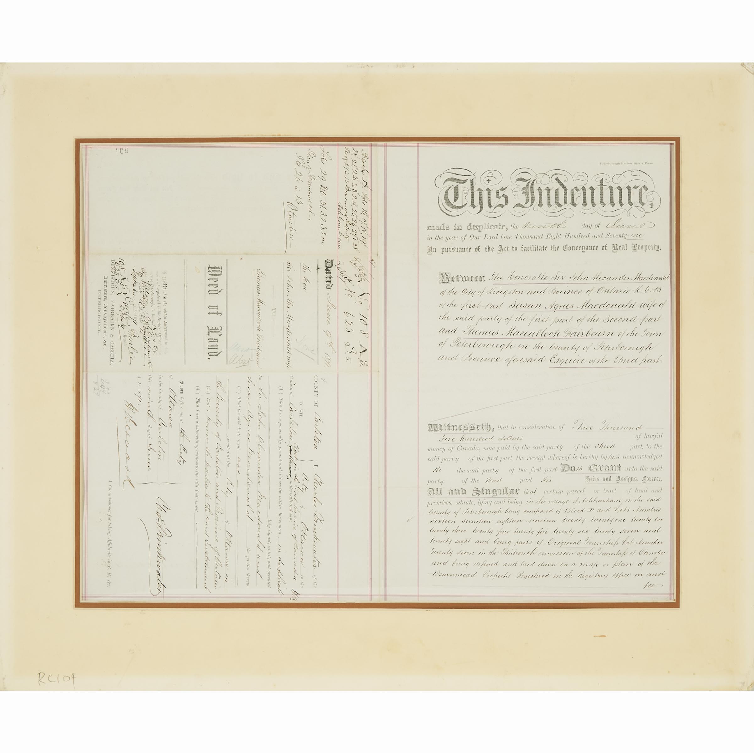 Sir John A. and Susan Agnes Macdonald Signed Deed, June 9th, 1871